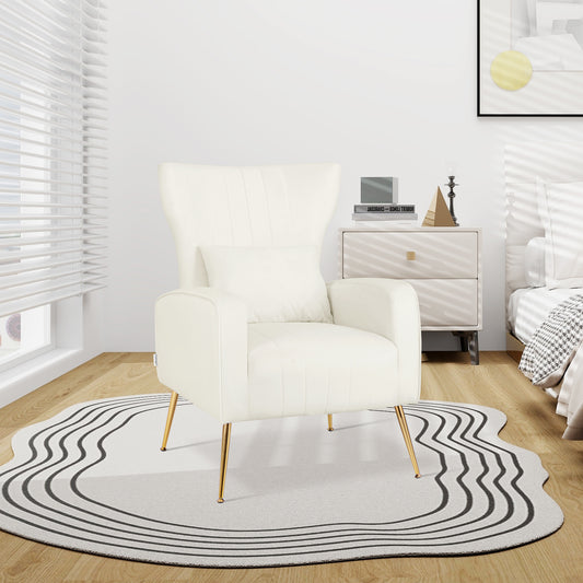 Velvet Upholstered Wingback Chair with Lumbar Pillow and Golden Metal Legs white in living room