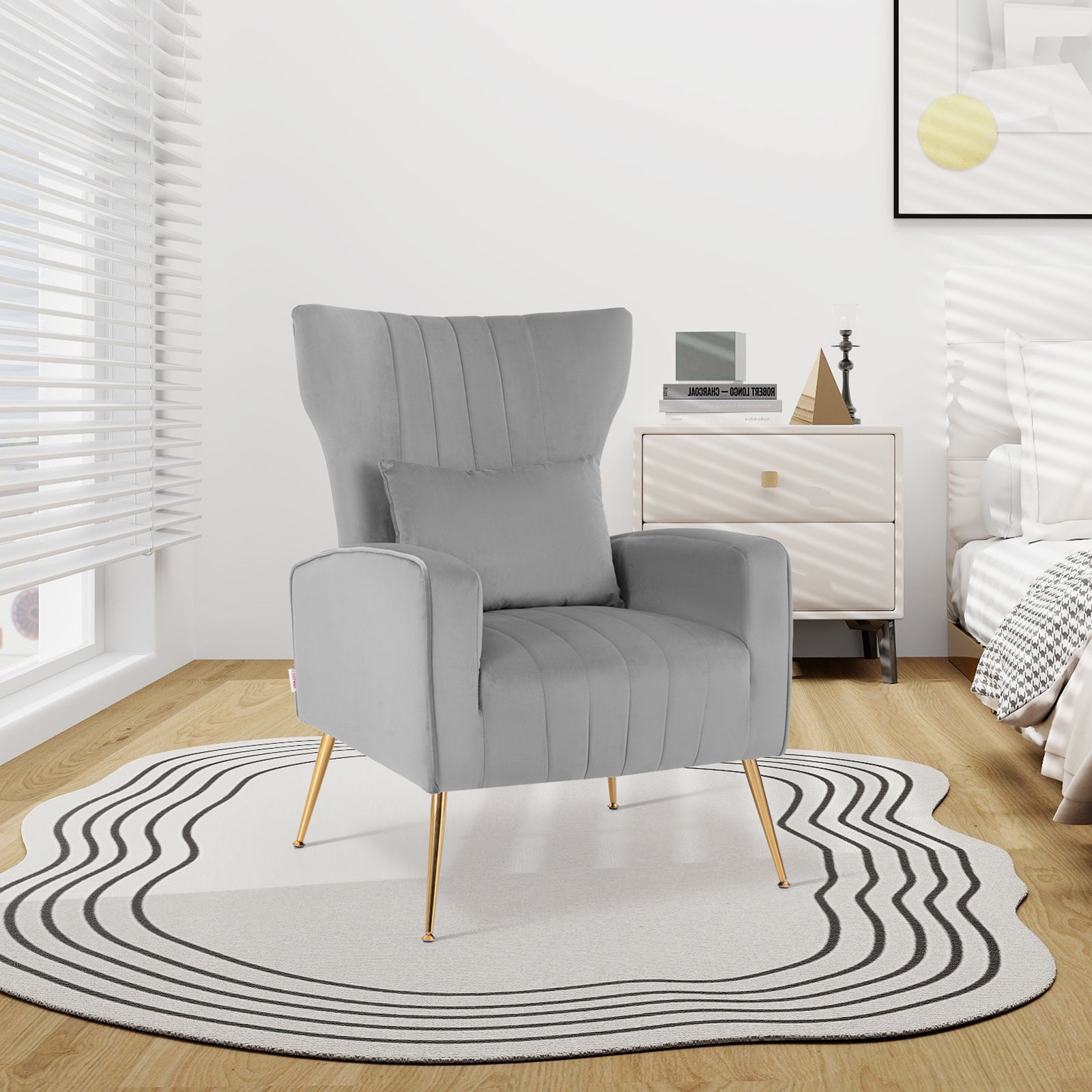Velvet Upholstered Wingback Chair with Lumbar Pillow and Golden Metal Legs grey bedroom