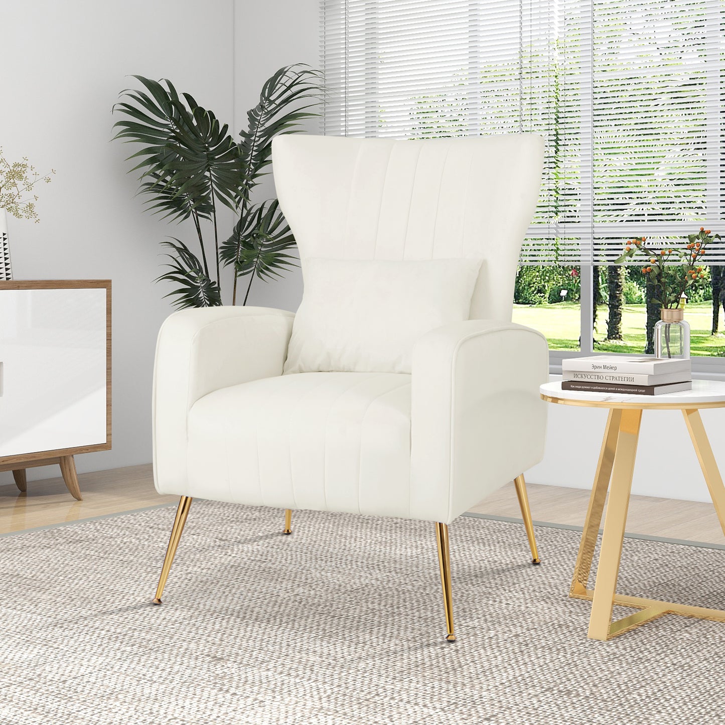 Velvet Upholstered Wingback Chair with Lumbar Pillow and Golden Metal Legs white in living room for study 