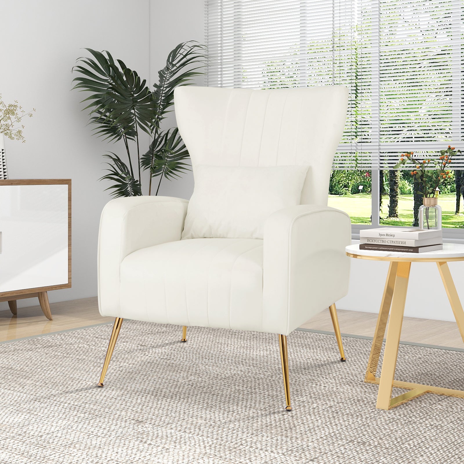 Velvet Upholstered Wingback Chair with Lumbar Pillow and Golden Metal Legs white in living room for study 