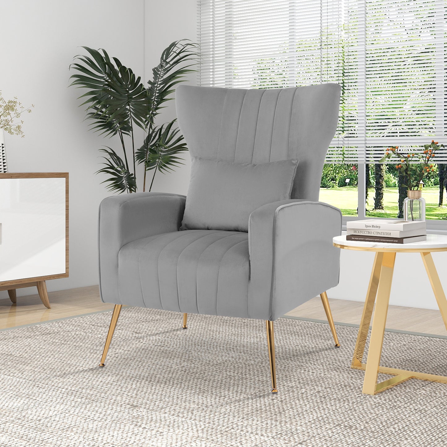Velvet Upholstered Wingback Chair with Lumbar Pillow and Golden Metal Legs grey in living room 