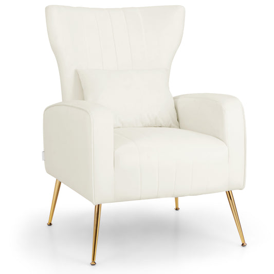 Velvet Upholstered Wingback Chair with Lumbar Pillow and Golden Metal Legs white
