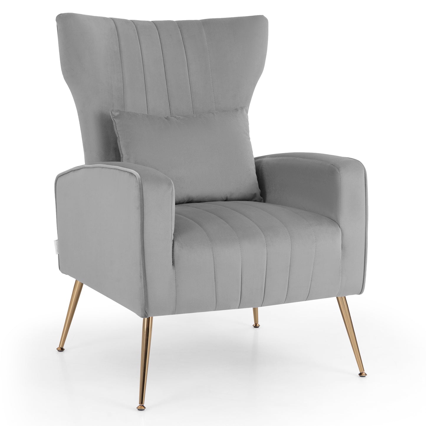 Velvet Upholstered Wingback Chair with Lumbar Pillow and Golden Metal Legs grey