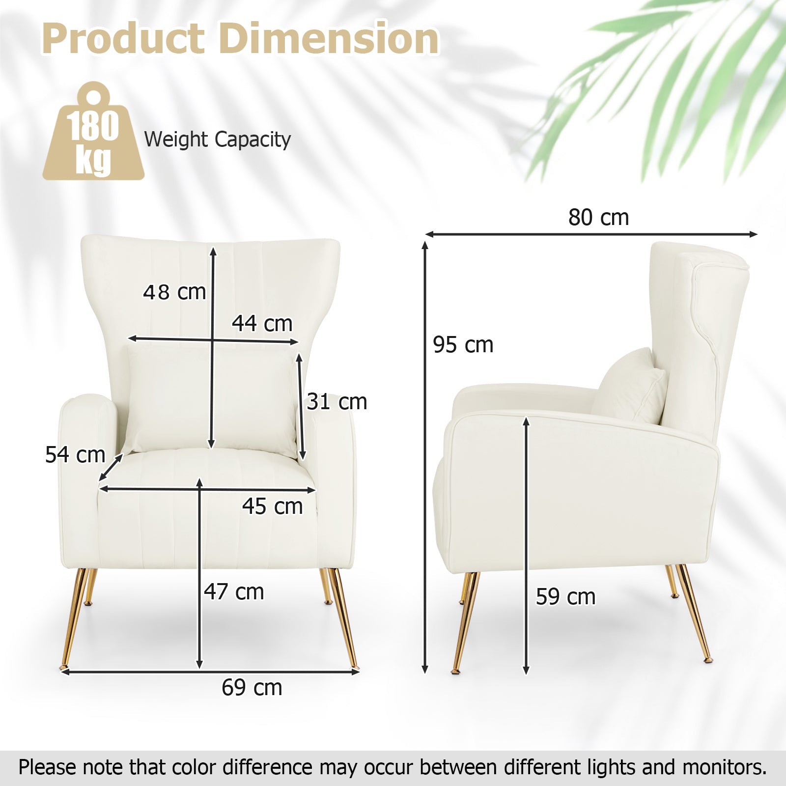 Velvet Upholstered Wingback Chair with Lumbar Pillow and Golden Metal Legs white dimensions and 180 KG weight capacity