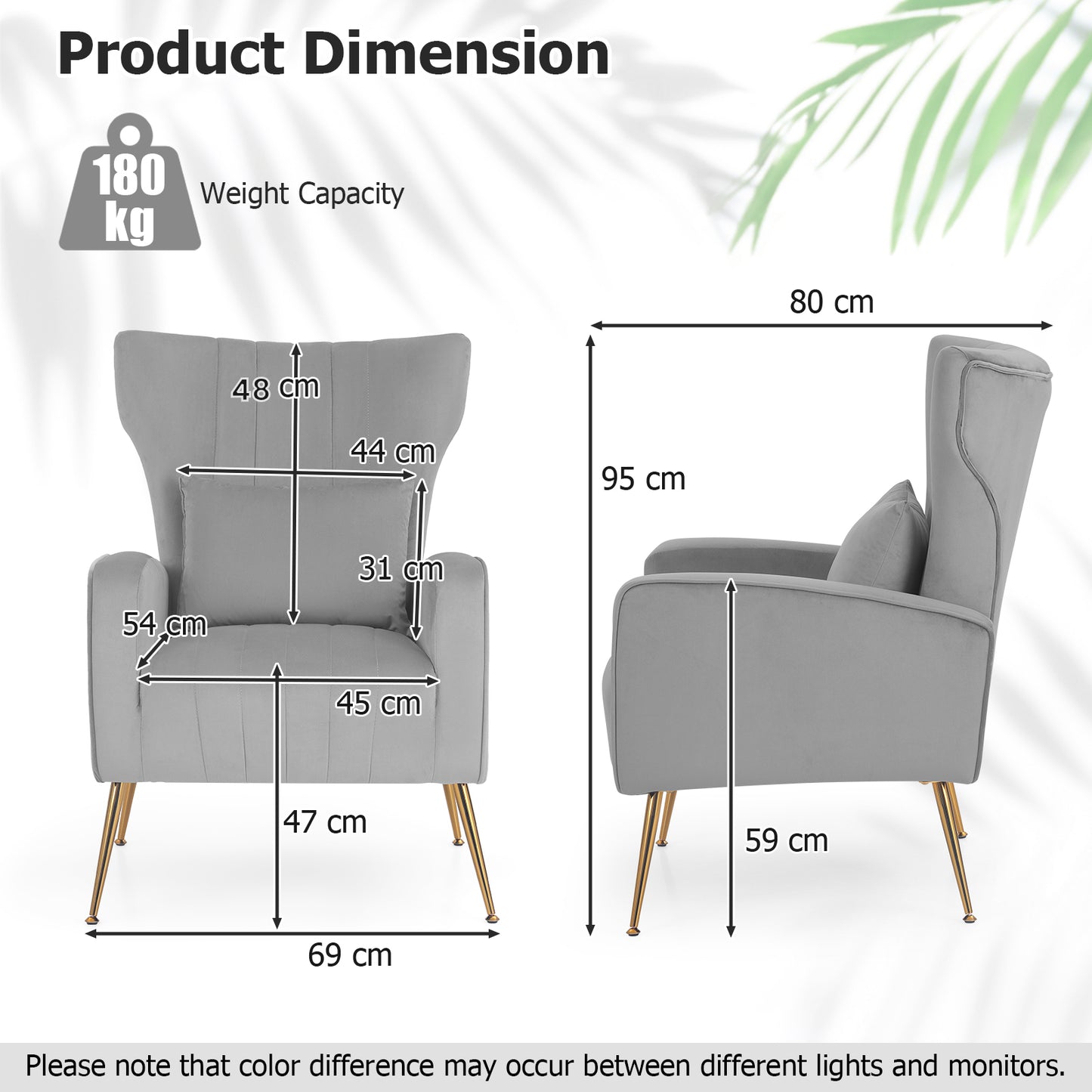 Velvet Upholstered Wingback Chair with Lumbar Pillow and Golden Metal Legs grey dimensions and weight capacity