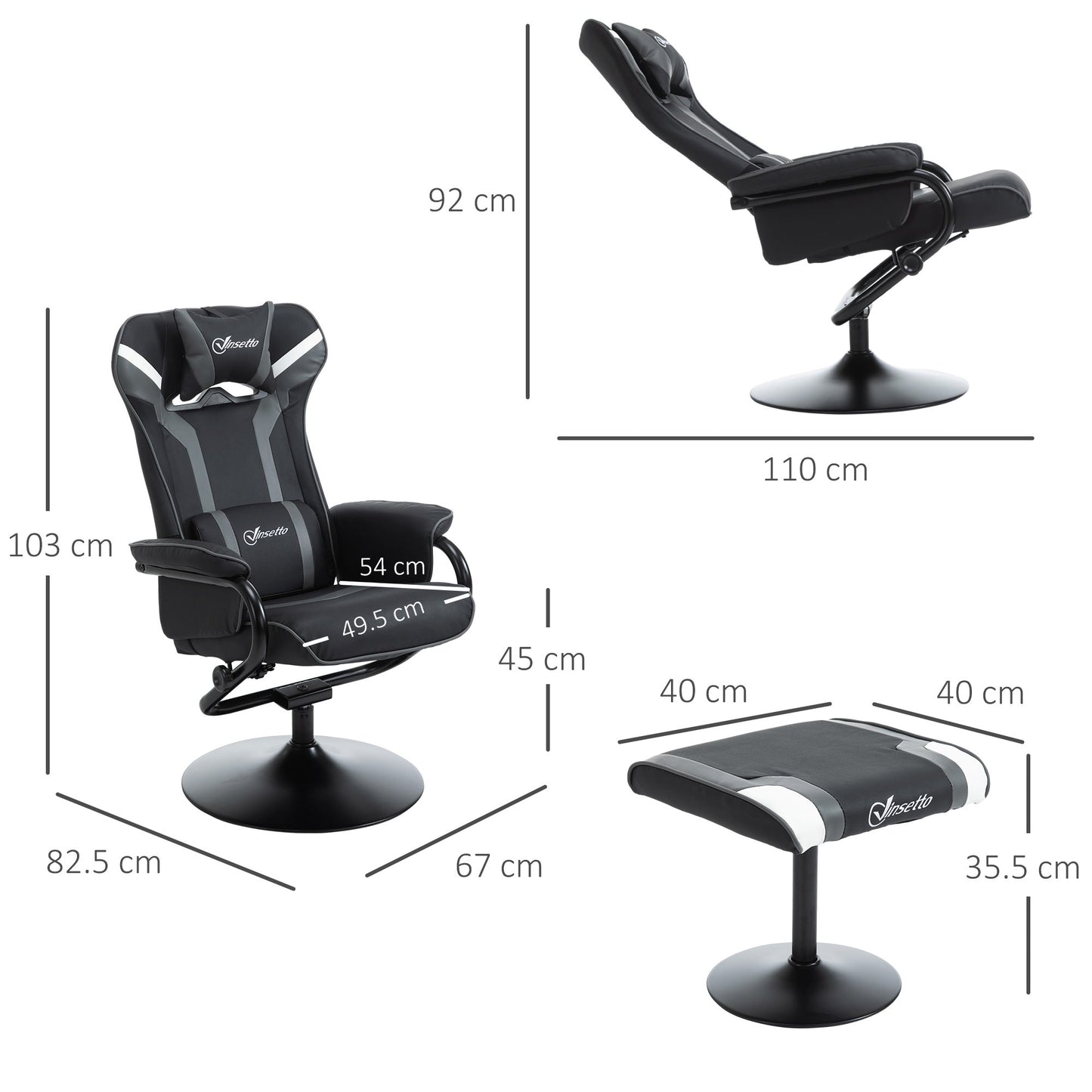 Vinsetto Reclining Chair and Stool Set, Recliner Chair with Headrest, Gaming Chair with Lumbar Support, Pedestal Base for Home Office- spec
