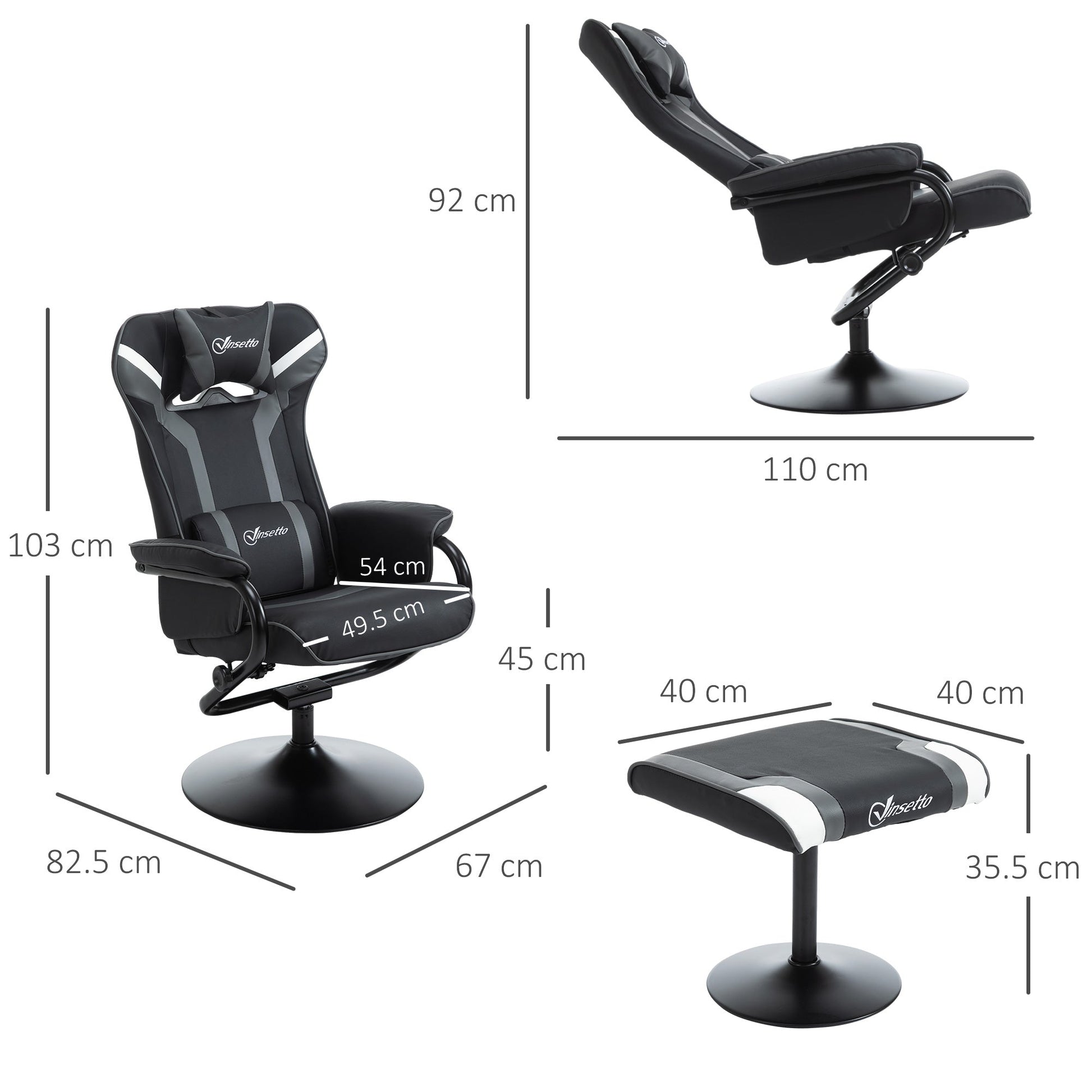 Vinsetto Reclining Chair and Stool Set, Recliner Chair with Headrest, Gaming Chair with Lumbar Support, Pedestal Base for Home Office- spec