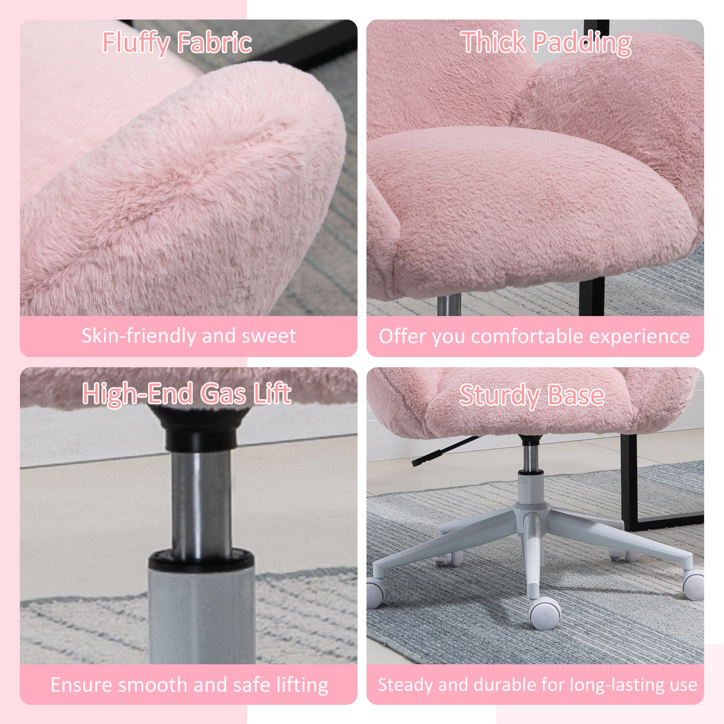 Image for HOMCOM Fluffy Leisure Chair Office Chair with Backrest and Armrest for Home Bedroom Living Room with Wheels Pink