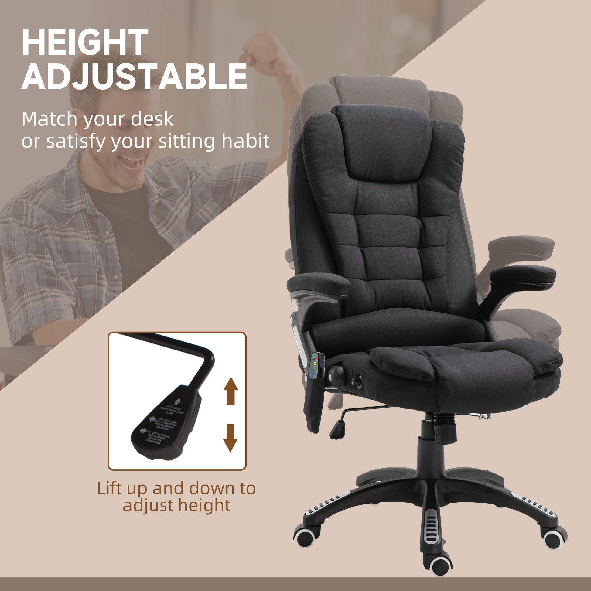 Image for Vinsetto Massage Recliner Chair Heated Office Chair with Six Massage Points Linen-Feel Fabric 360° Swivel Wheels Black