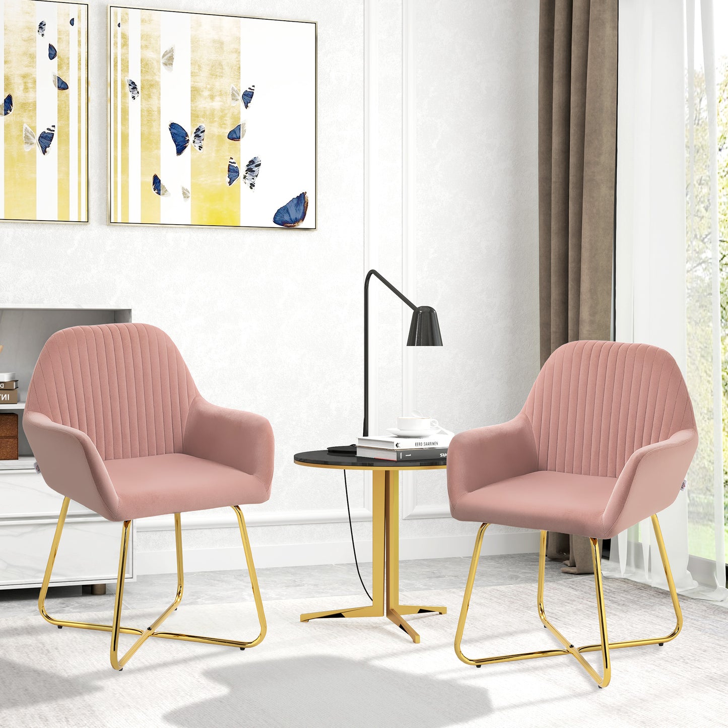HOMCOM Modern Arm Chair Set of 2 Upholstered Accent Chair with Metal Base for Living Room - ChairwayUK