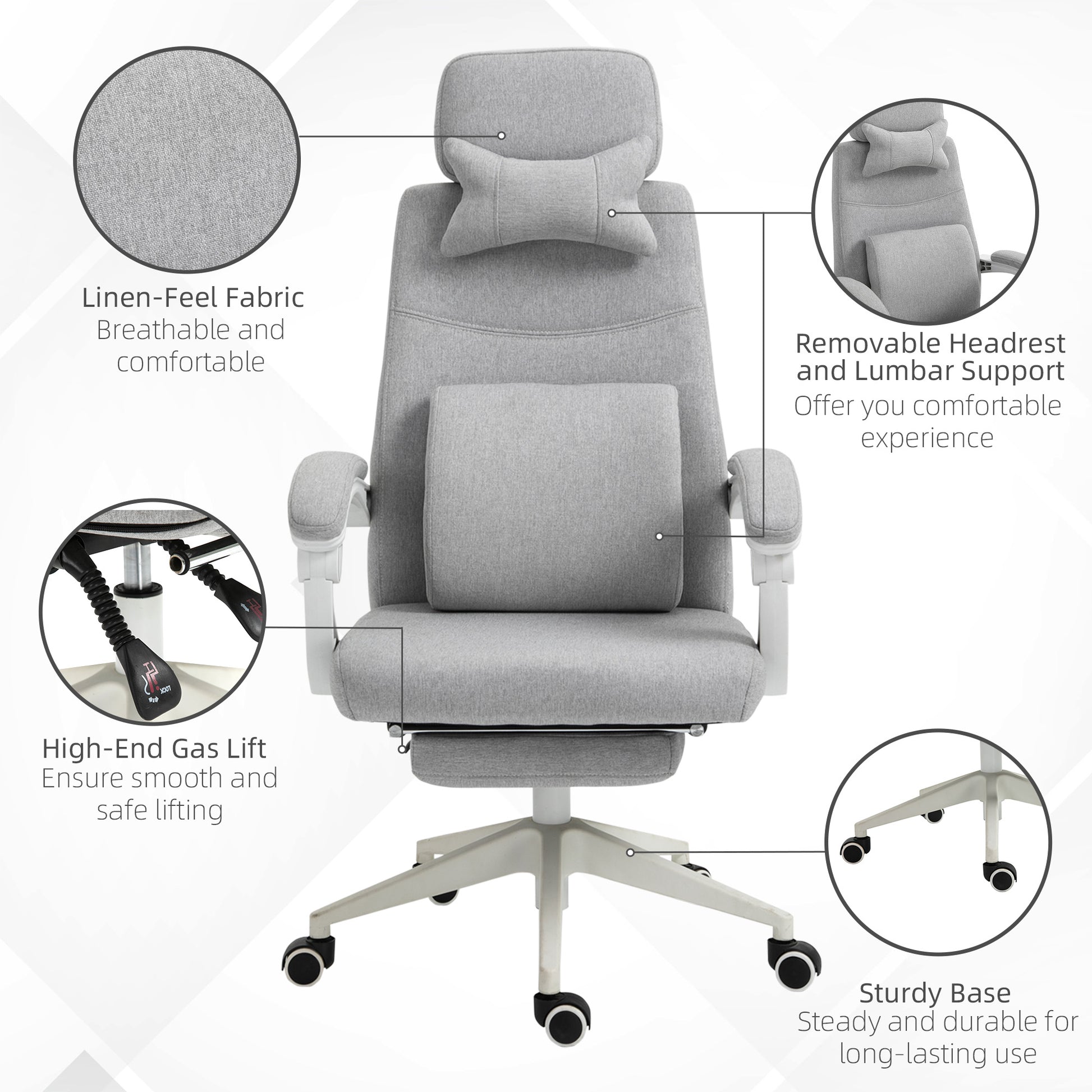 Image for Vinsetto Home Office Chair w/ Manual Footrest Recliner Padded Modern Adjustable Swivel Seat w/ 2 Pillows Armrest Ergonomic Grey