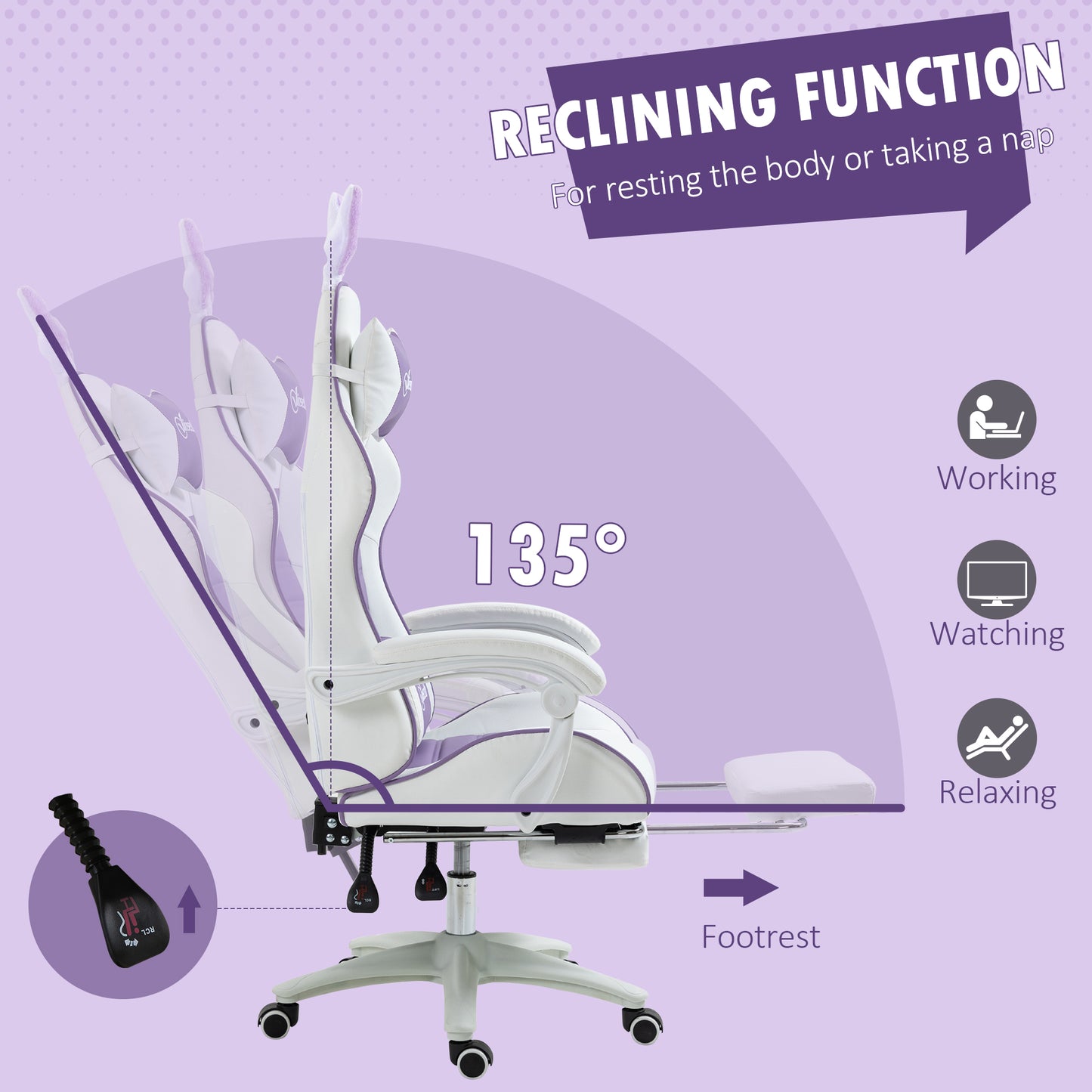 Image for Vinsetto Racing Gaming Chair, Reclining PU Leather Computer Chair with Removable Rabbit Ears, Footrest, Headrest and Lumber Support, Purple