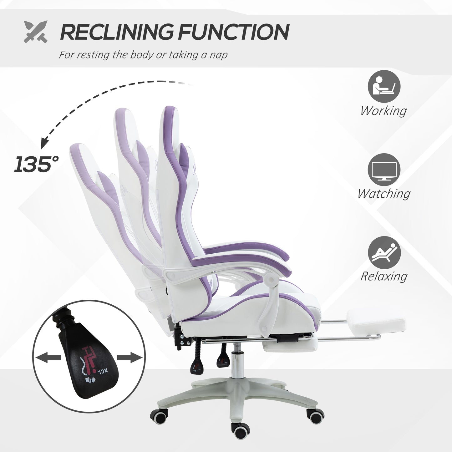 Image for Vinsetto Racing Gaming Chair, Reclining PU Leather Computer Chair with 360 Degree Swivel Seat, Footrest, Removable Headrest and Lumber Support, Purple