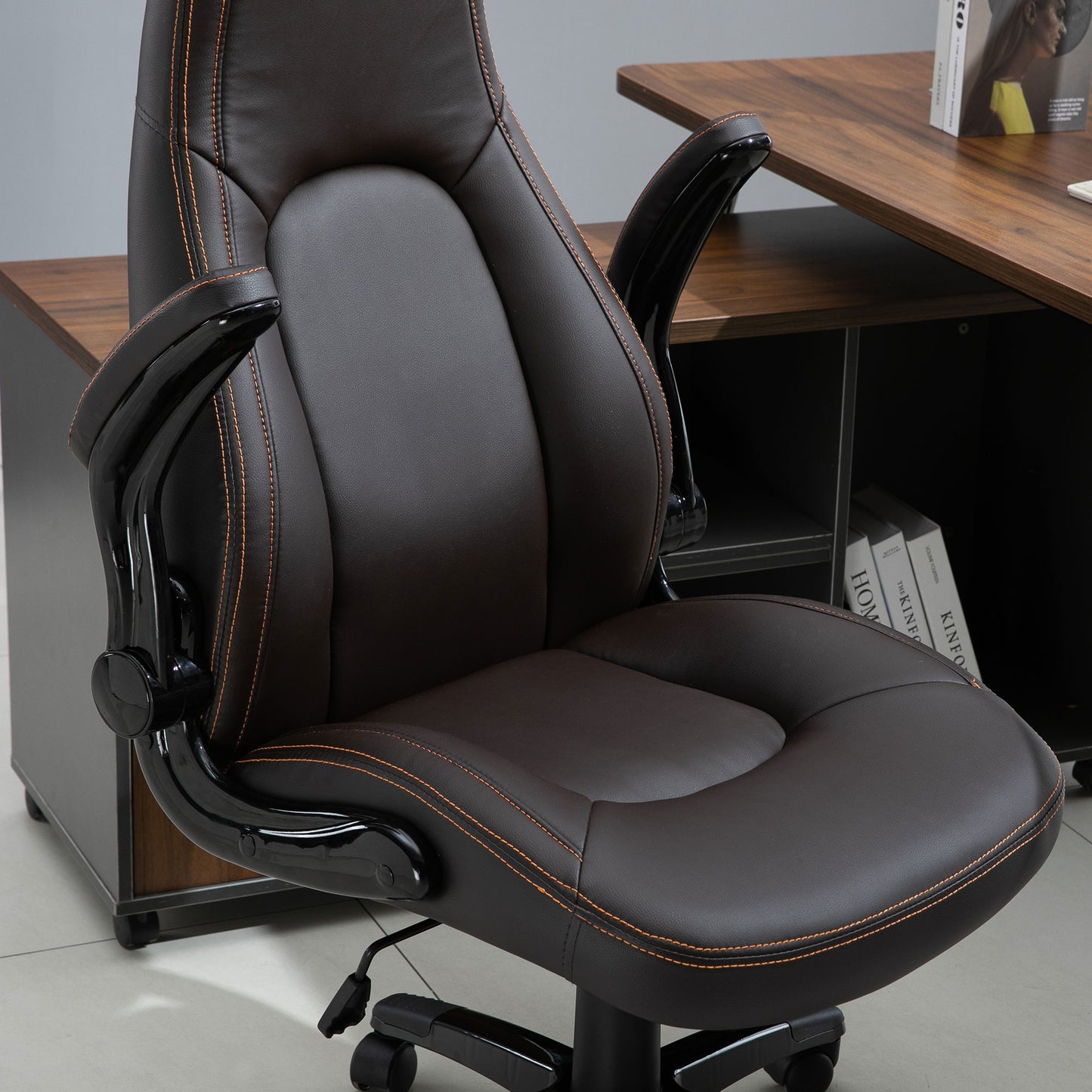 Image for Vinsetto PU Leather Office Chair, Swivel Computer Desk Chair with Adjustable Height, Flip Up Armrests and Tilt Function, Dark Brown