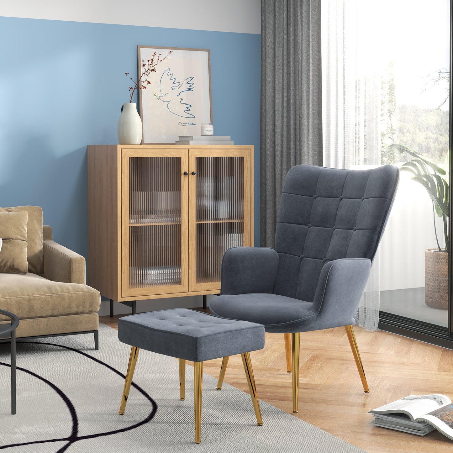 Modern Armchair with Footstool, Upholstered Accent Chair with Ottoman, Steel Legs, Velvet Wingback Chair for Living Room, Bedroom, Home Study