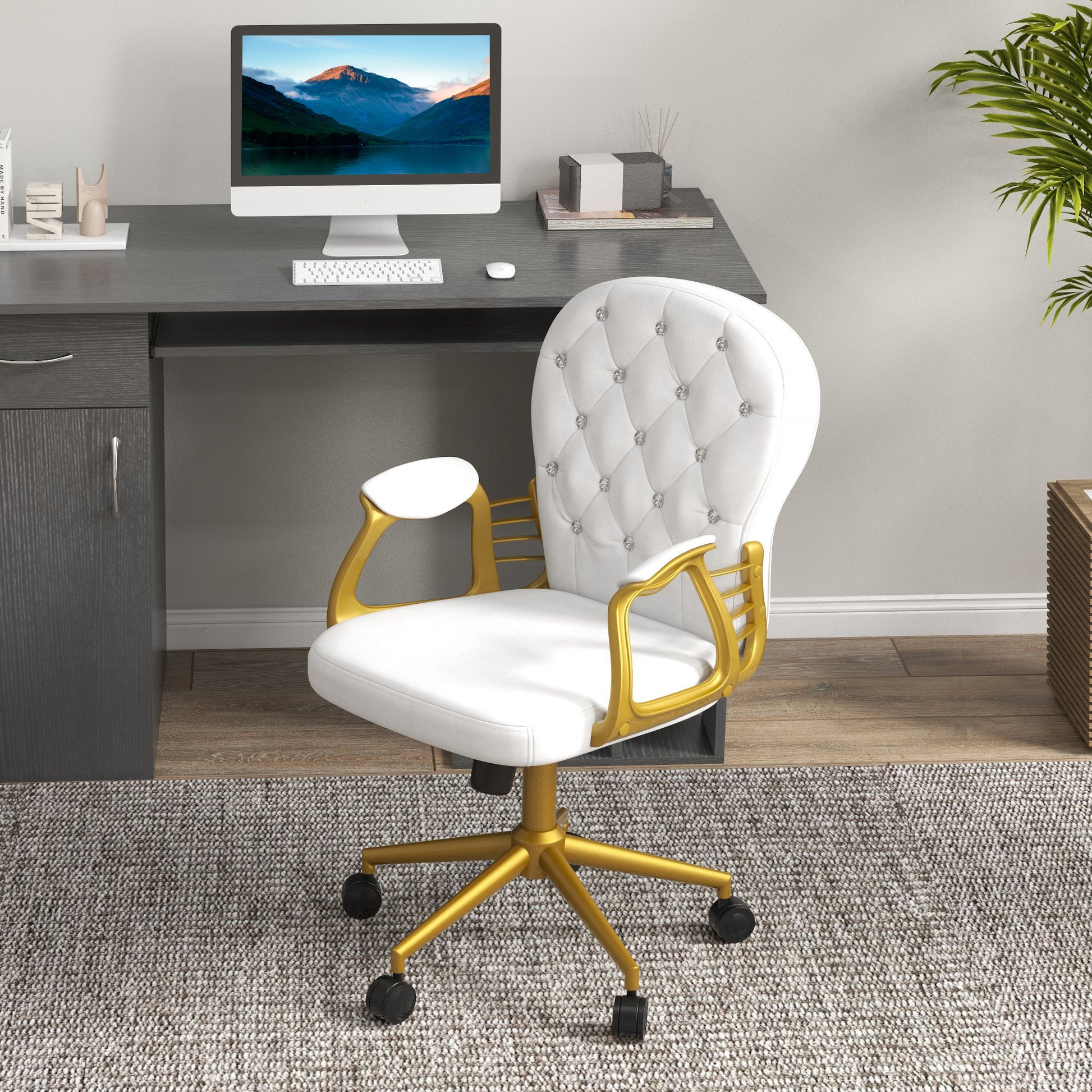 Image for Vinsetto Height Adjustable Home Office Chair, Button Tufted Computer Chair with Padded Armrests and Tilt Function, Cream White