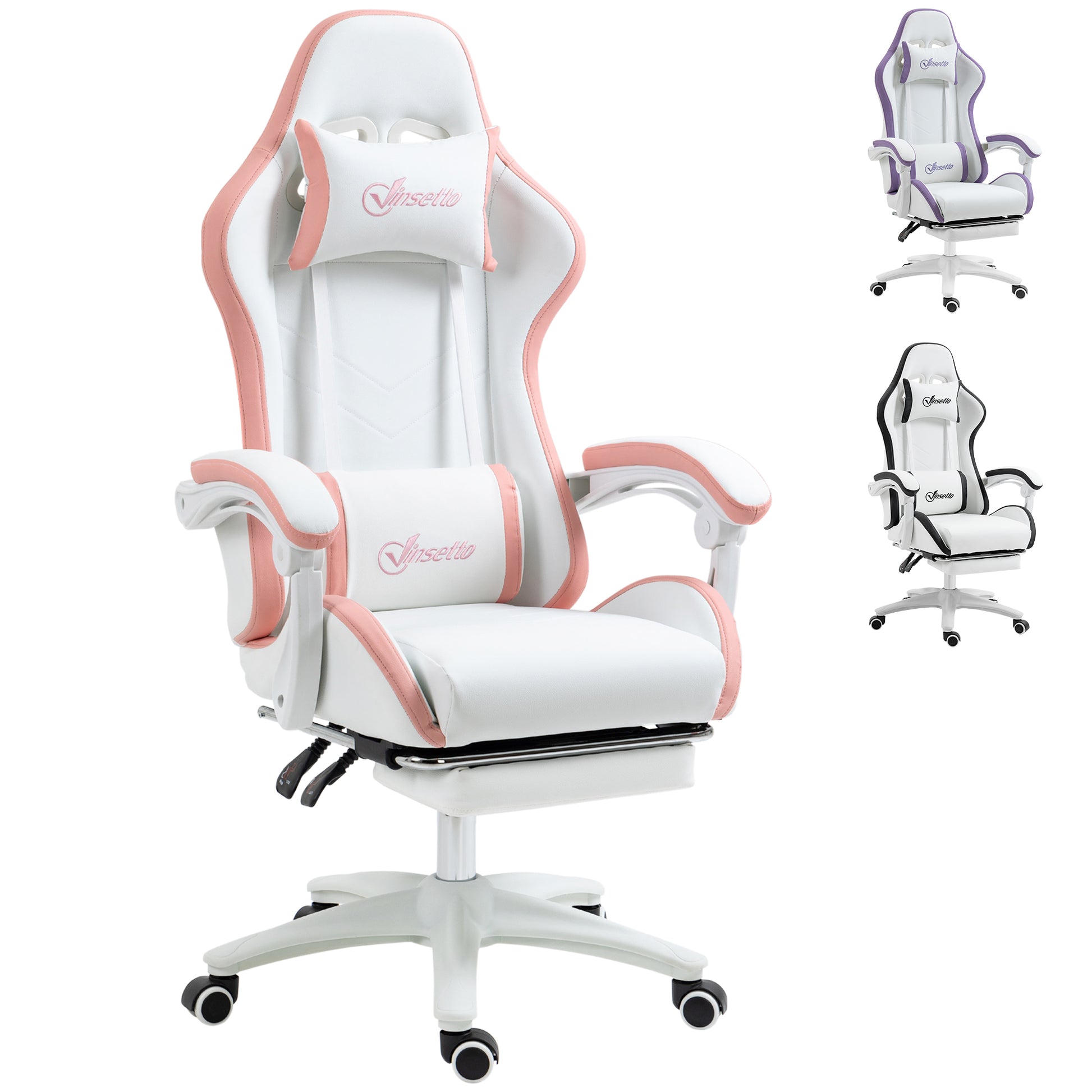 Image for Vinsetto Racing Gaming Chair, Reclining PU Leather Computer Chair with 360 Degree Swivel Seat, Footrest, Removable Headrest White and Pink