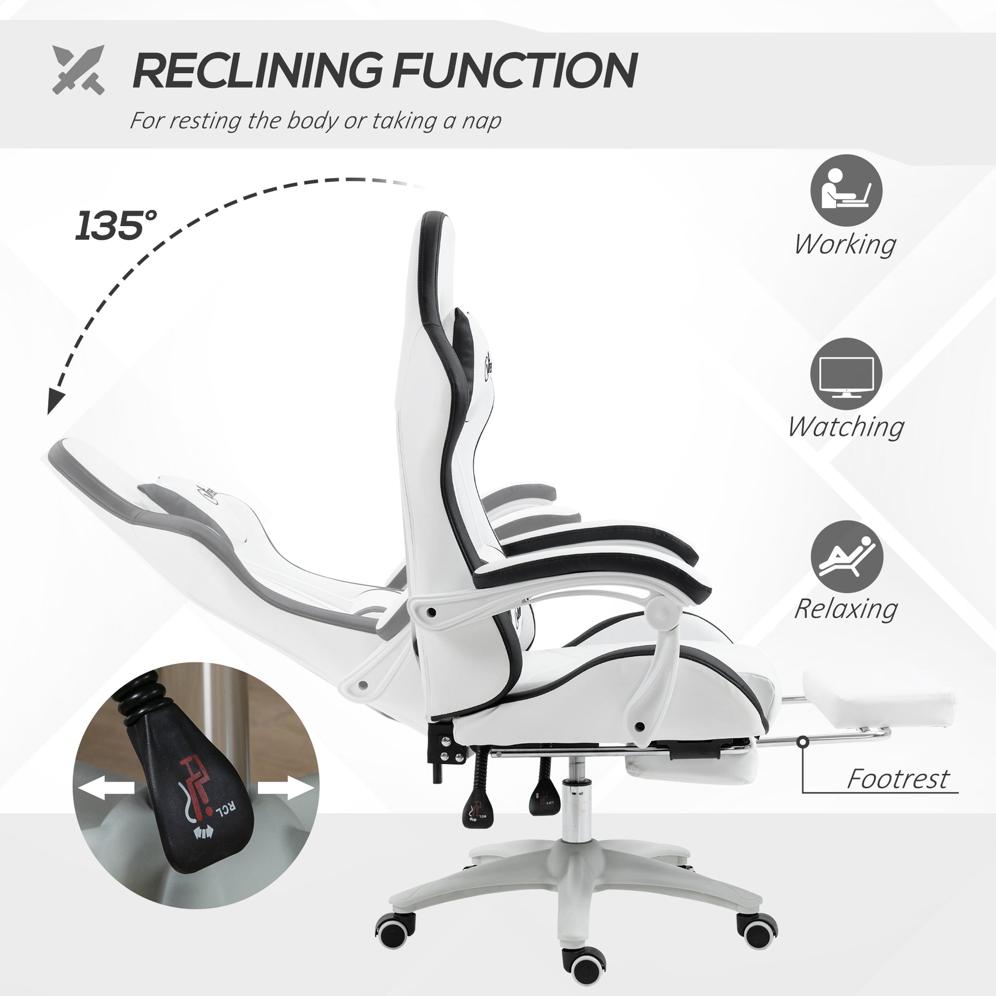 Image for Vinsetto Racing Gaming Chair, Reclining PU Leather Computer Chair with 360 Degree Swivel Seat, Footrest, Removable Headrest White and Black