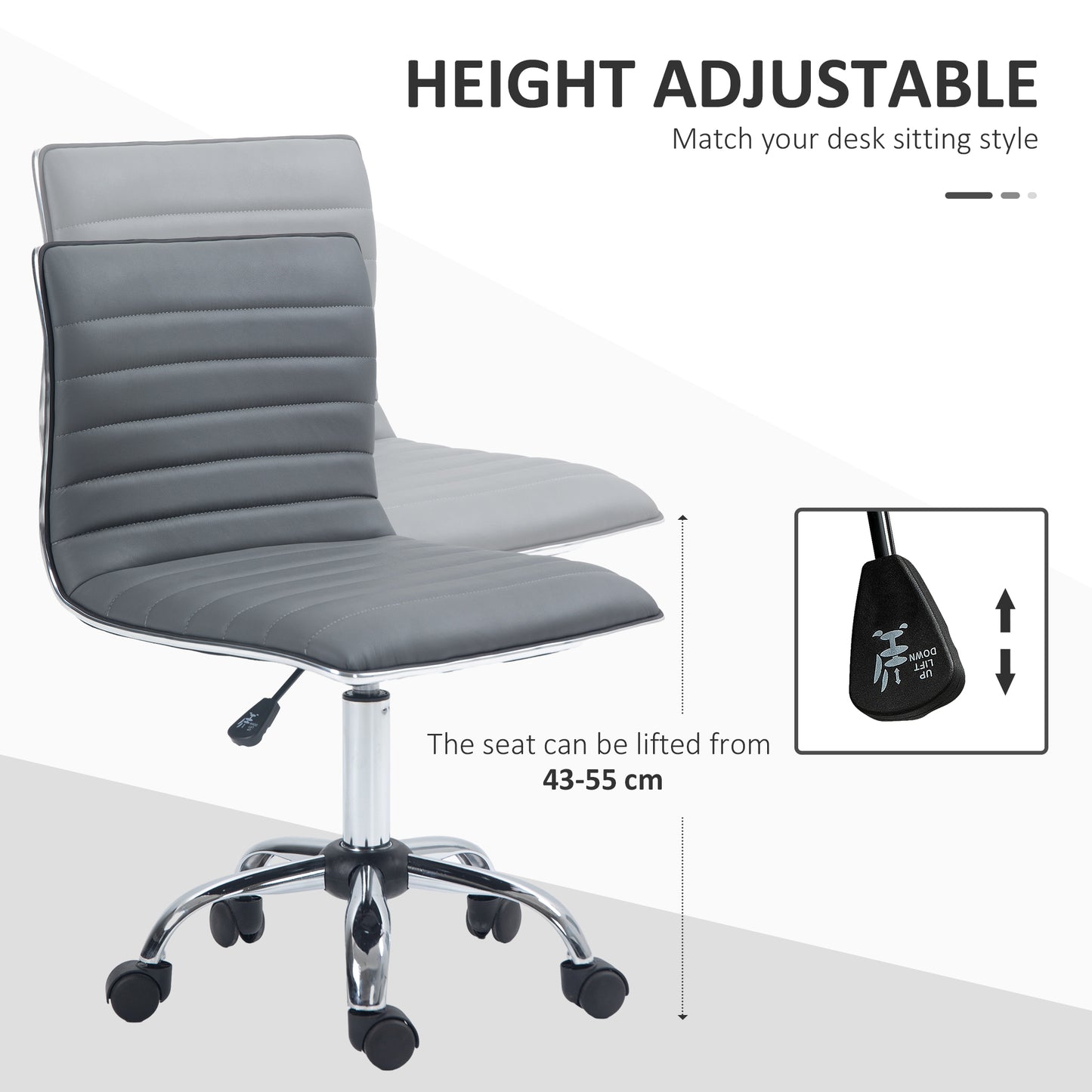 Image for Vinsetto Adjustable Swivel Office Chair with Armless Mid-Back in PU Leather and Chrome Base - Dark Grey