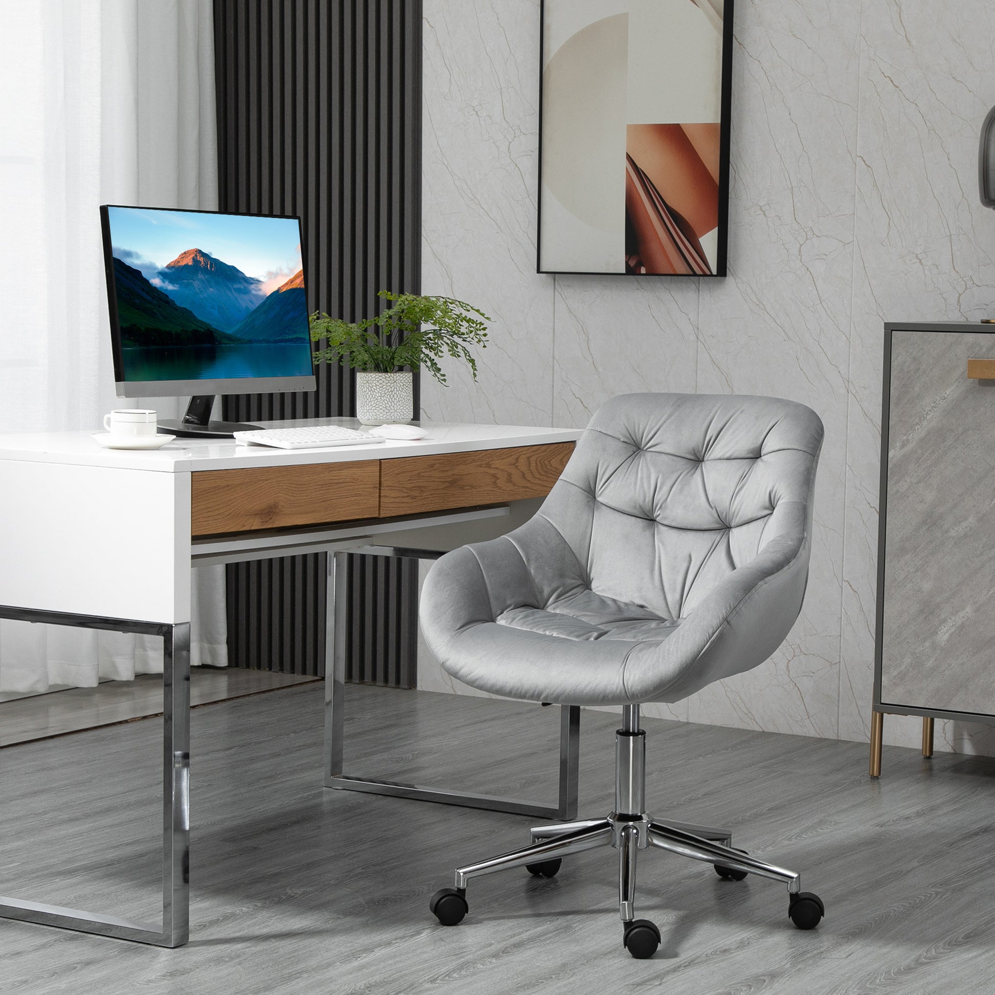 Image for Vinsetto Home Office Chair Velvet Ergonomic Computer Chair Comfy Desk Chair with Adjustable Height, Arm and Back Support, Grey