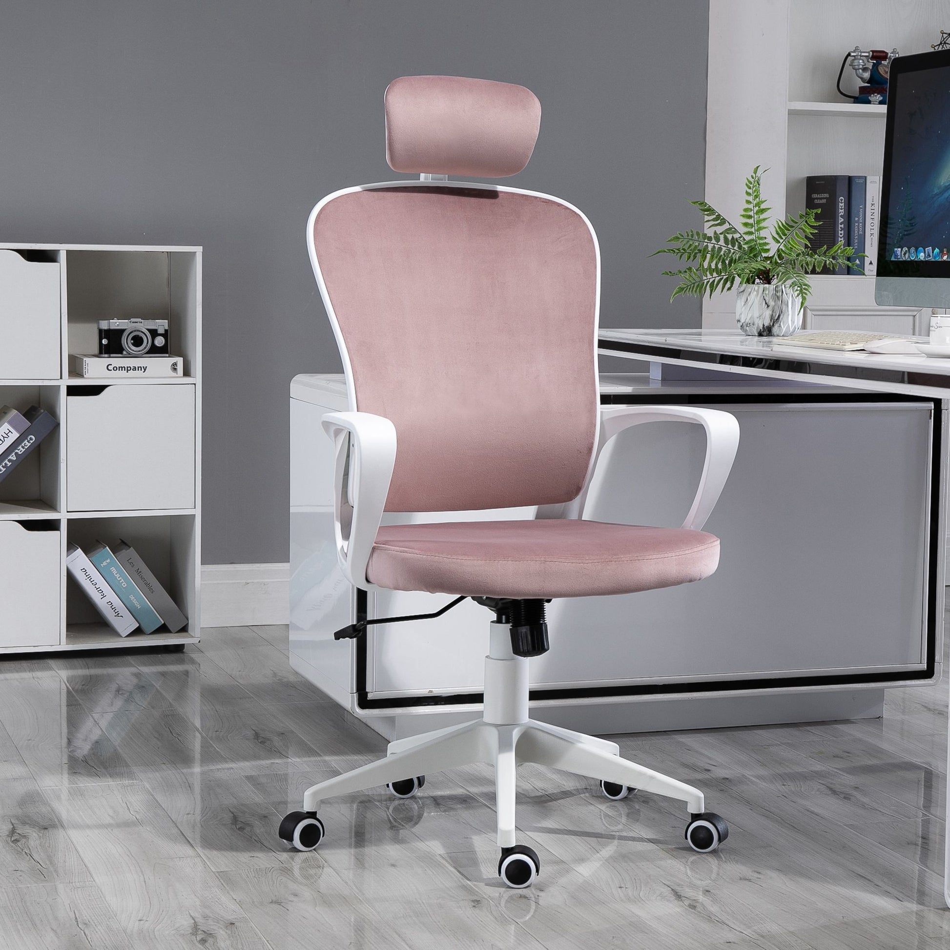 Image for Vinsetto High-Back Office Chair Velvet Style Fabric Computer Home Rocking with Wheels, Rotatable Liftable Headrest, Pink