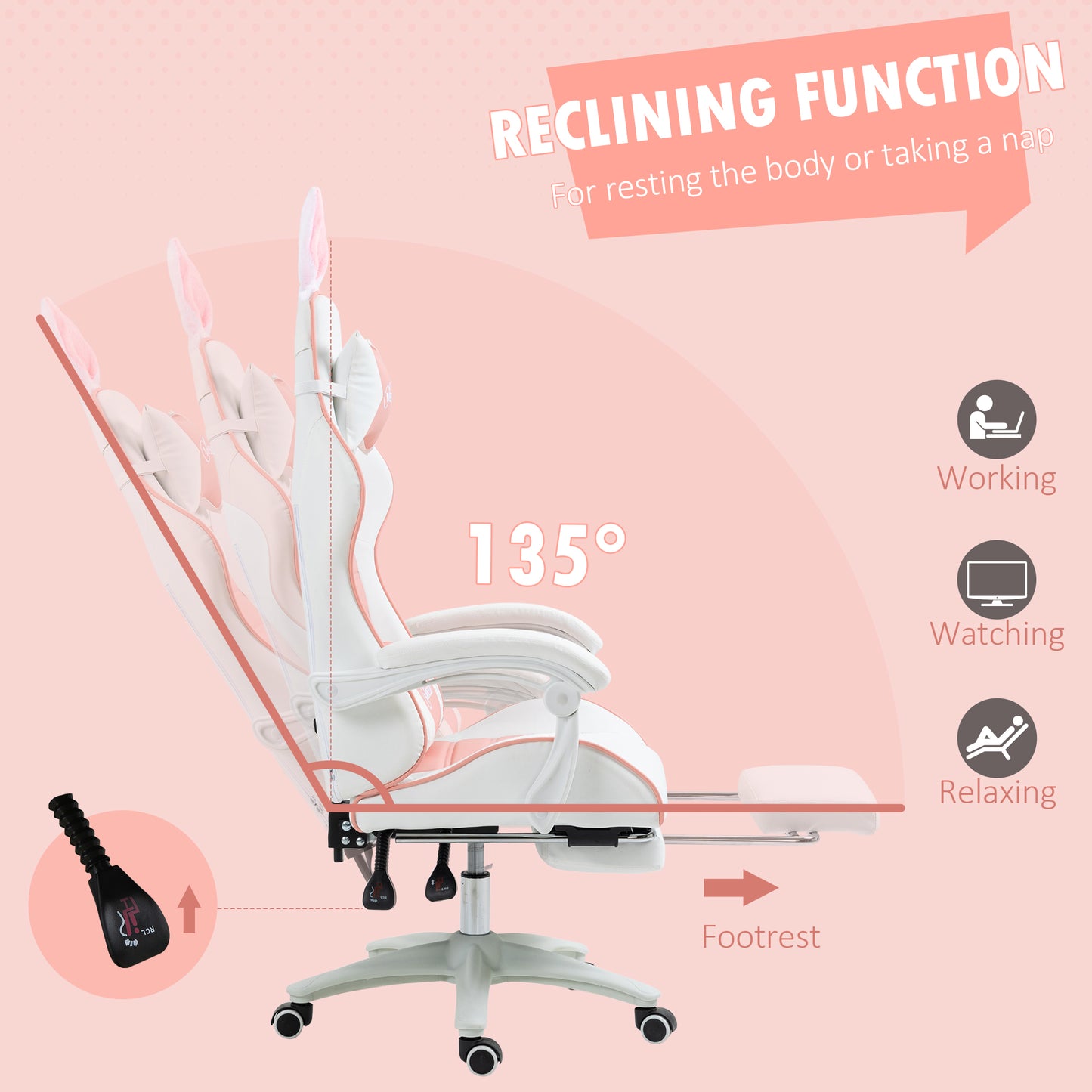 Image for Vinsetto Racing Gaming Chair, Reclining PU Leather Computer Chair with Removable Rabbit Ears, Footrest, Headrest and Lumber Support, Pink