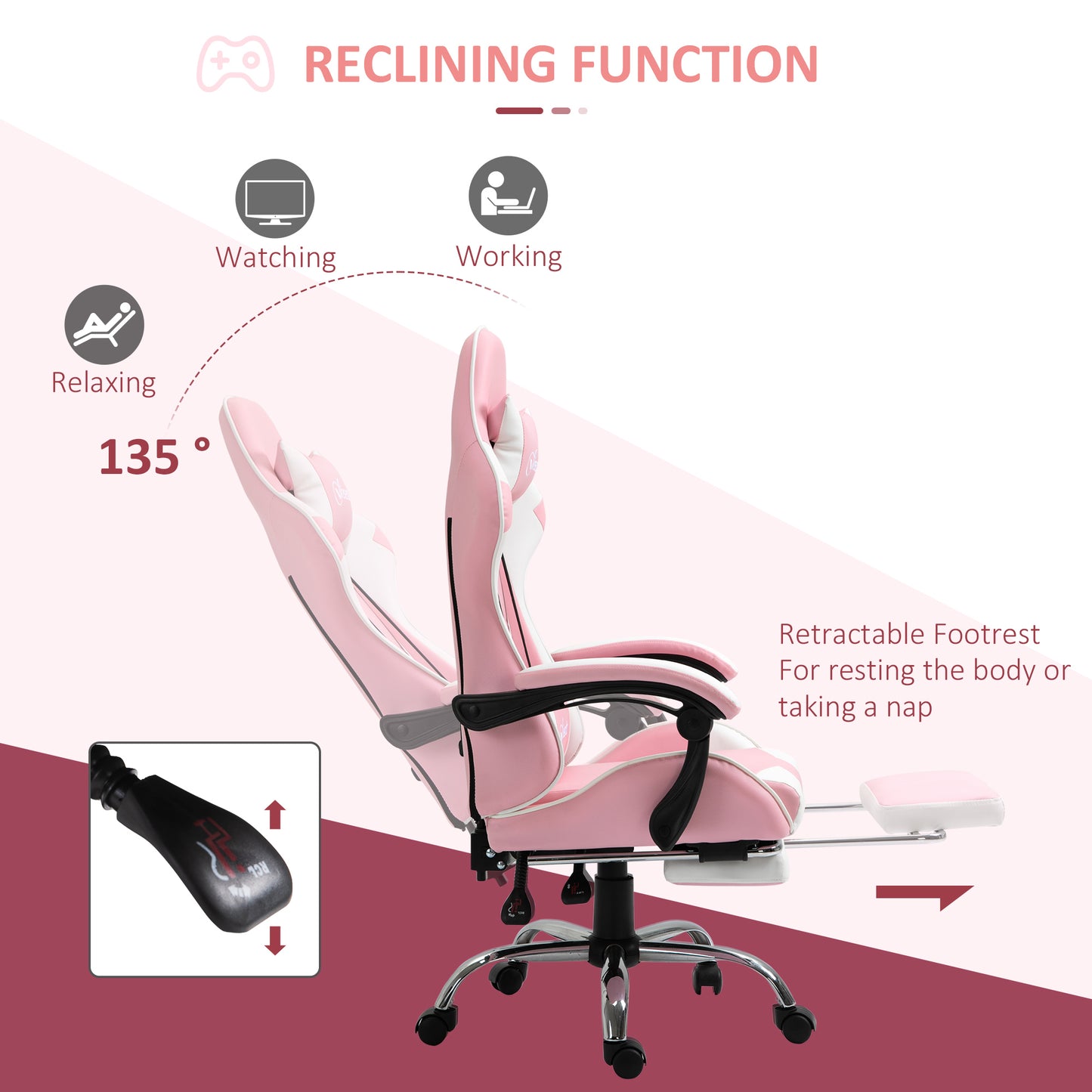 Image for Vinsetto Racing Gaming Chair with Lumbar Support, Head Pillow, Swivel Wheels, High Back Recliner Gamer Desk Chair for Home Office, Pink