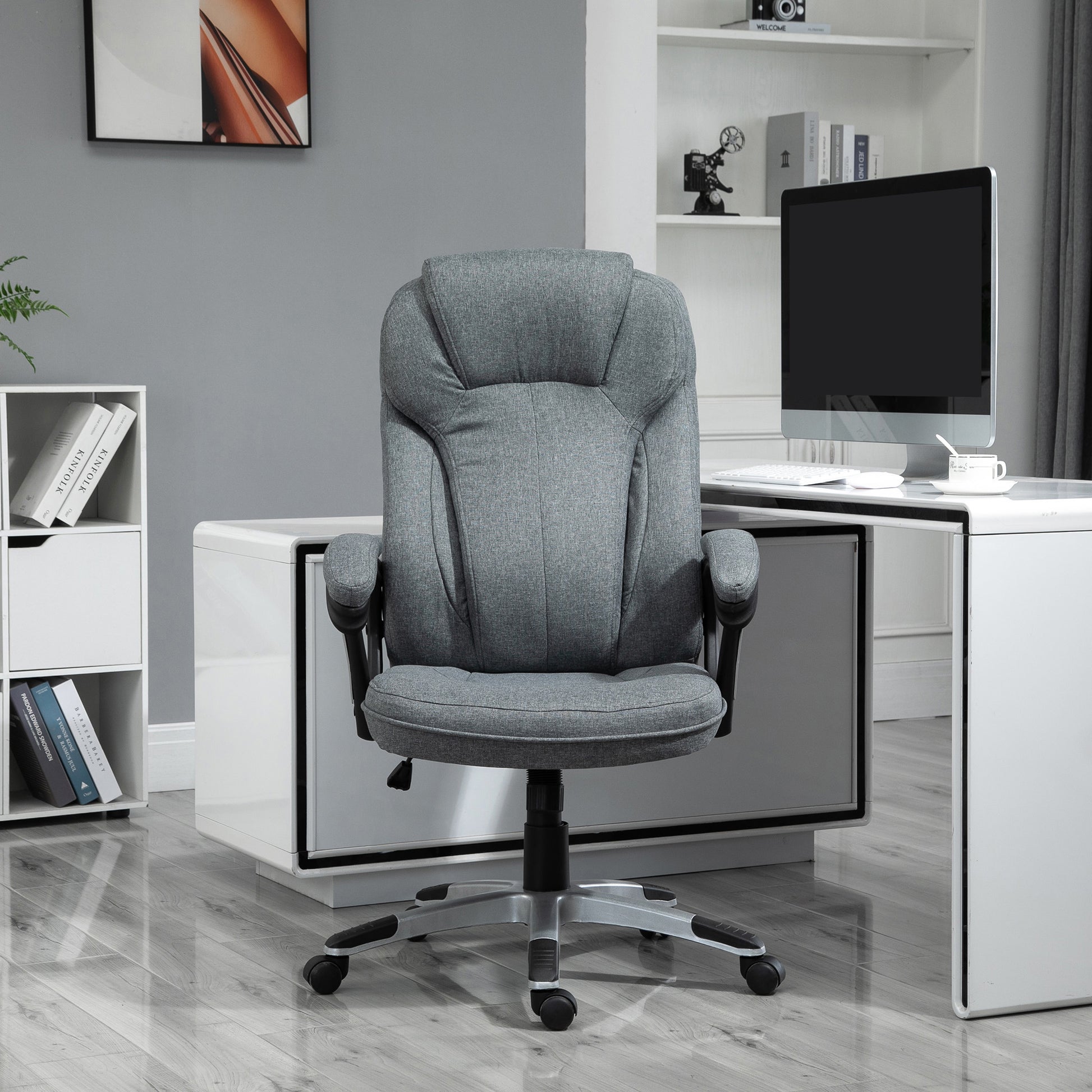 Image for Vinsetto Swivel Chair Linen Fabric Home Office Chair, Height Adjustable Computer Chair with Padded Armrests and Tilt Function, Grey