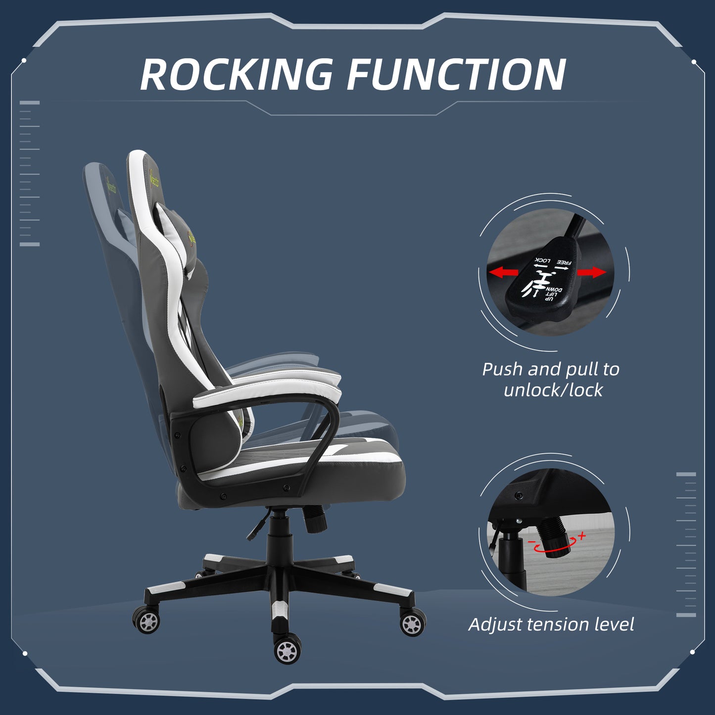 Image for Vinsetto Racing Gaming Chair with Lumbar Support, Headrest, Swivel Wheel, PVC Leather Gamer Desk Chair for Home Office, Grey White