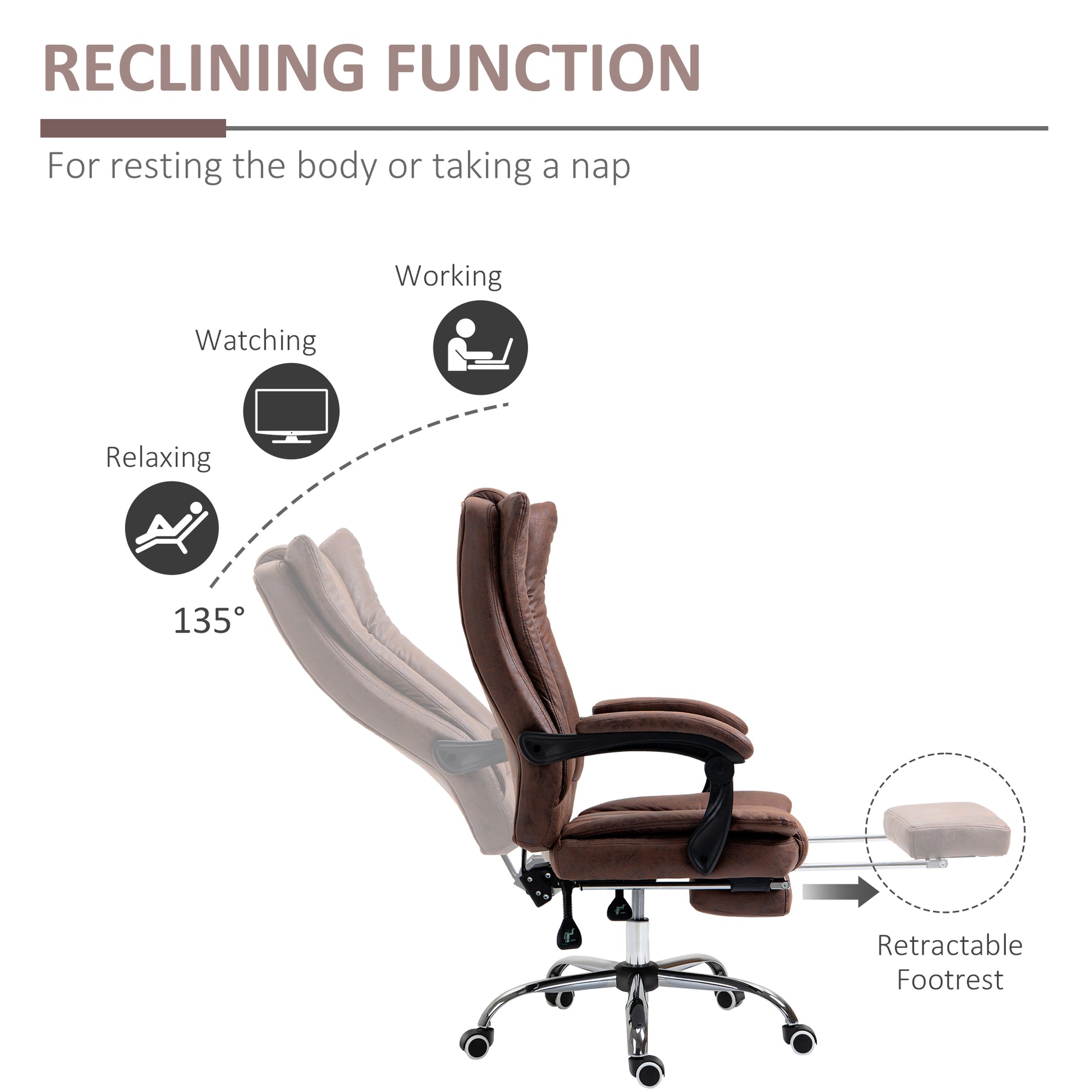 Image for Vinsetto Ergonomic Desk Chair Home Office Chair with Reclining Function Armrests Swivel Wheels Footrest Brown