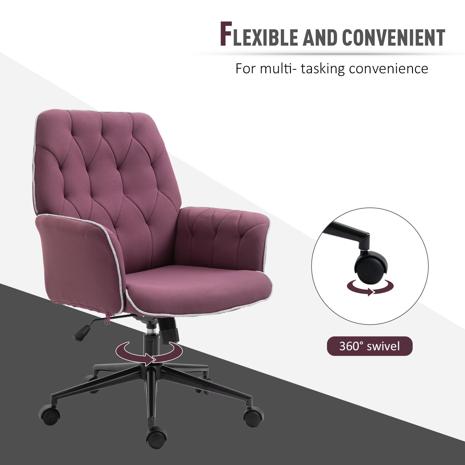 Image for Vinsetto Linen Office Swivel Chair Mid Back Computer Desk Chair with Adjustable Seat, Arm - Purple