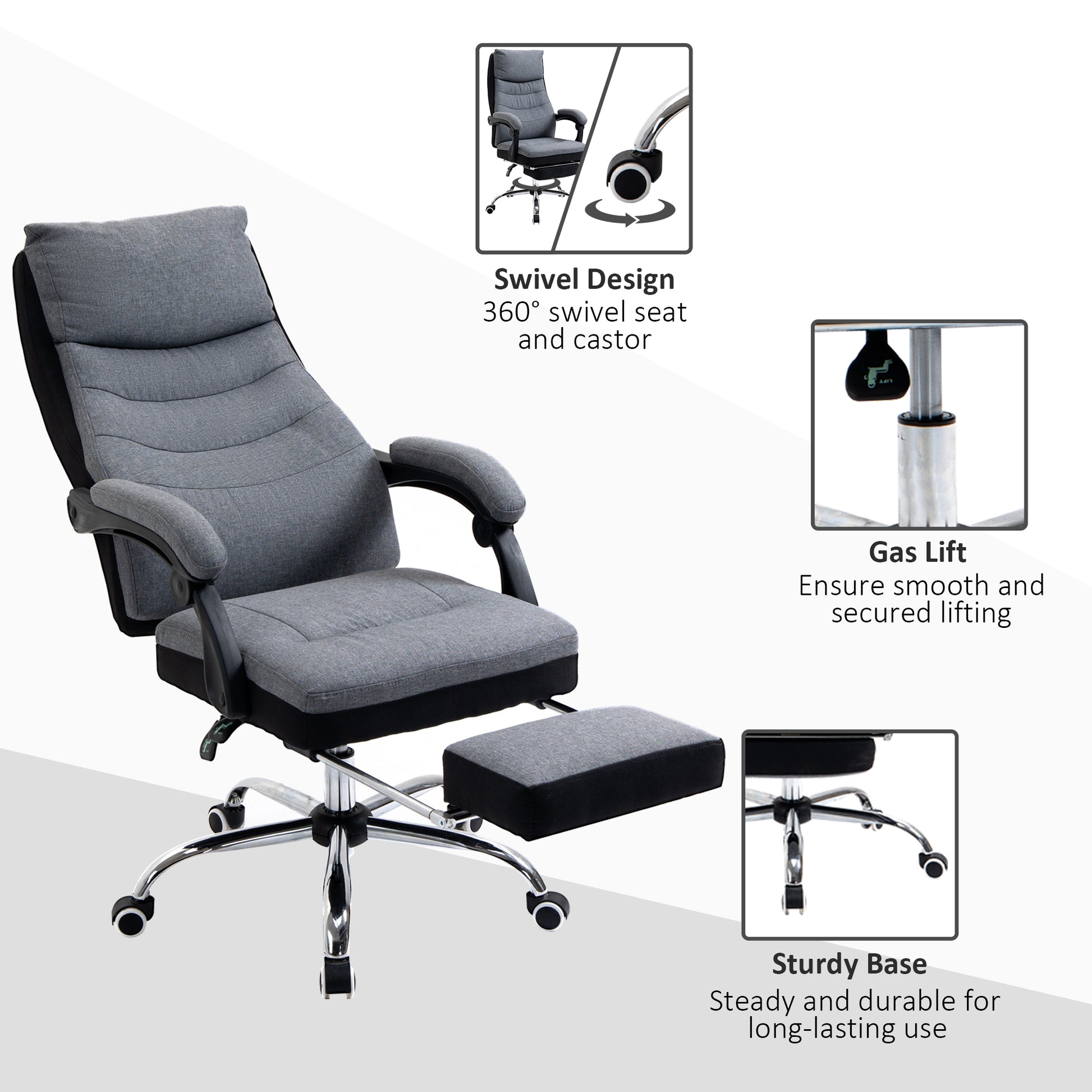 Image for Vinsetto High Back Executive Office Chair, Reclining Computer Chair with Adjustable Height, Swivel Wheels and Retractable Footrest, Grey