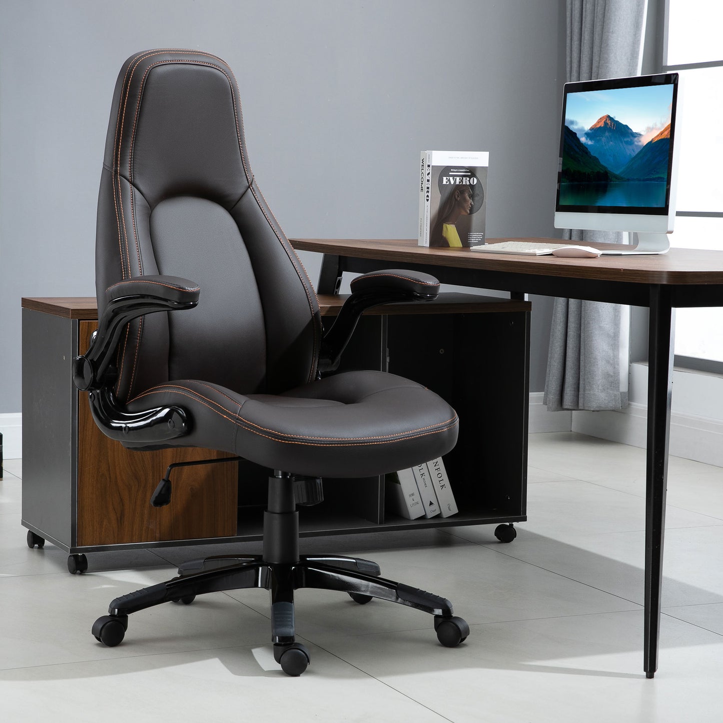 Image for Vinsetto PU Leather Office Chair, Swivel Computer Desk Chair with Adjustable Height, Flip Up Armrests and Tilt Function, Dark Brown