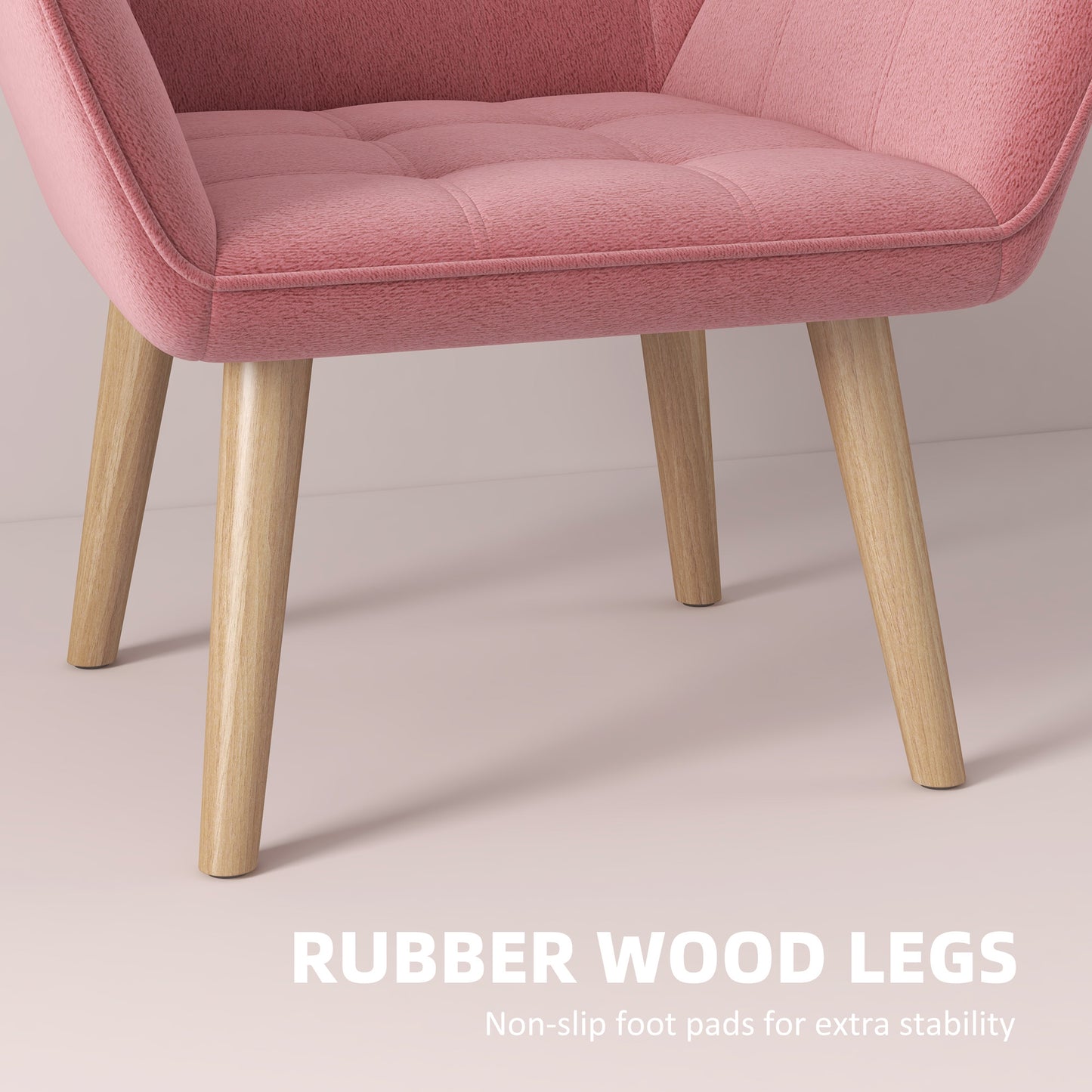 Set of 2 Accent Chair, Arm Chair with Slanted Back, Thick Padding and Rubber Wooden Legs for Living Room, Pink