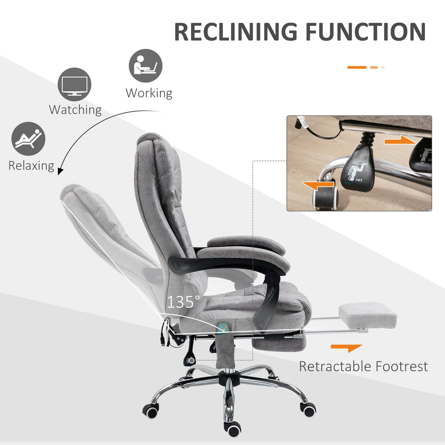 Image for Vinsetto Heated 6 Points Vibration Massage Executive Office Chair Adjustable Swivel Ergonomic High Back Desk Chair Recliner with Footrest Grey