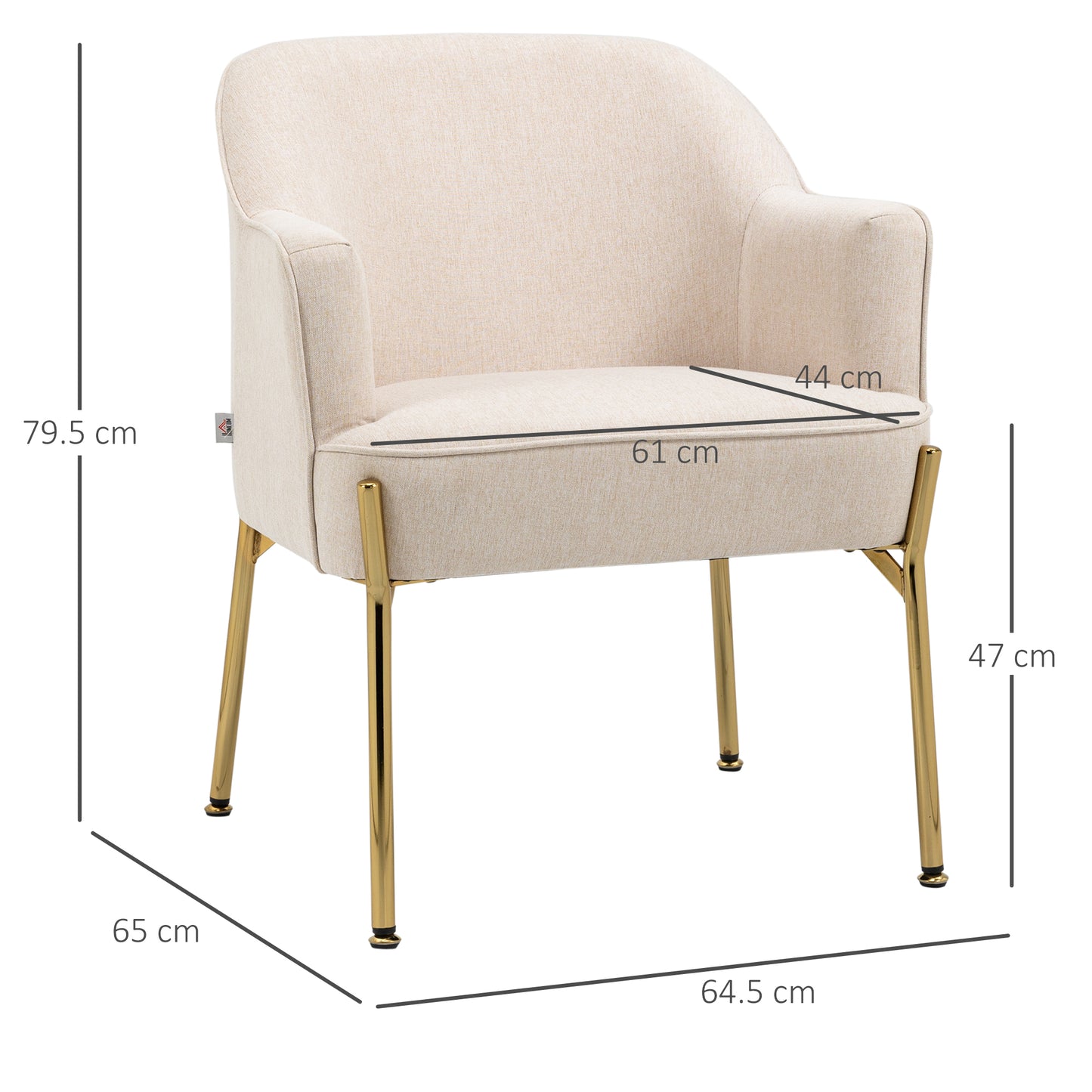 HOMCOM Accent Chair, Living Room Armchair, Vanity Chair with Gold Plating Metal Legs and Soft Padded Seat for Bedroom and CafÃ©, Set of 2, White - ChairwayUK