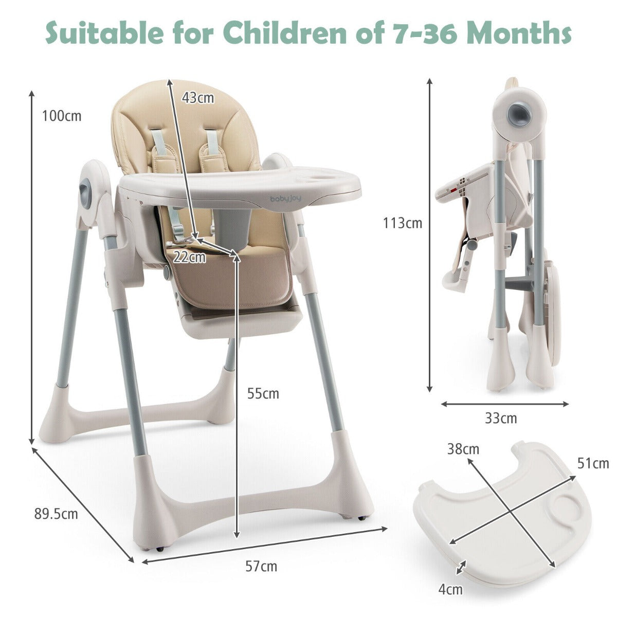 Foldable Convertible Baby High Chair with Adjustable Height and Removable Tray