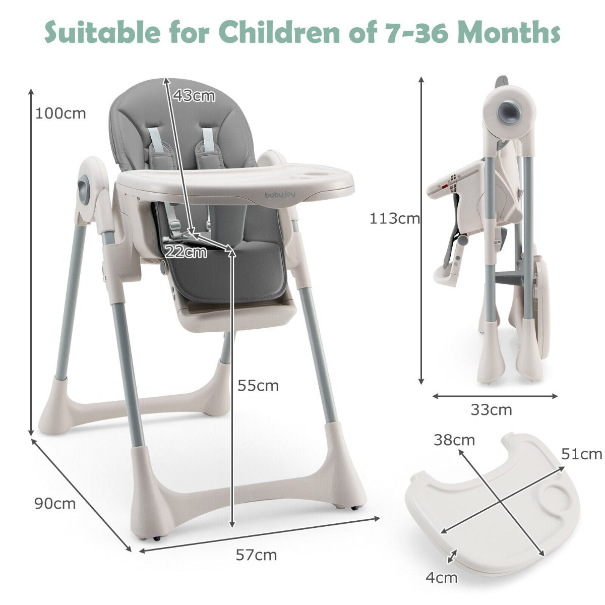 Foldable Convertible Baby High Chair with Adjustable Height and Removable Tray