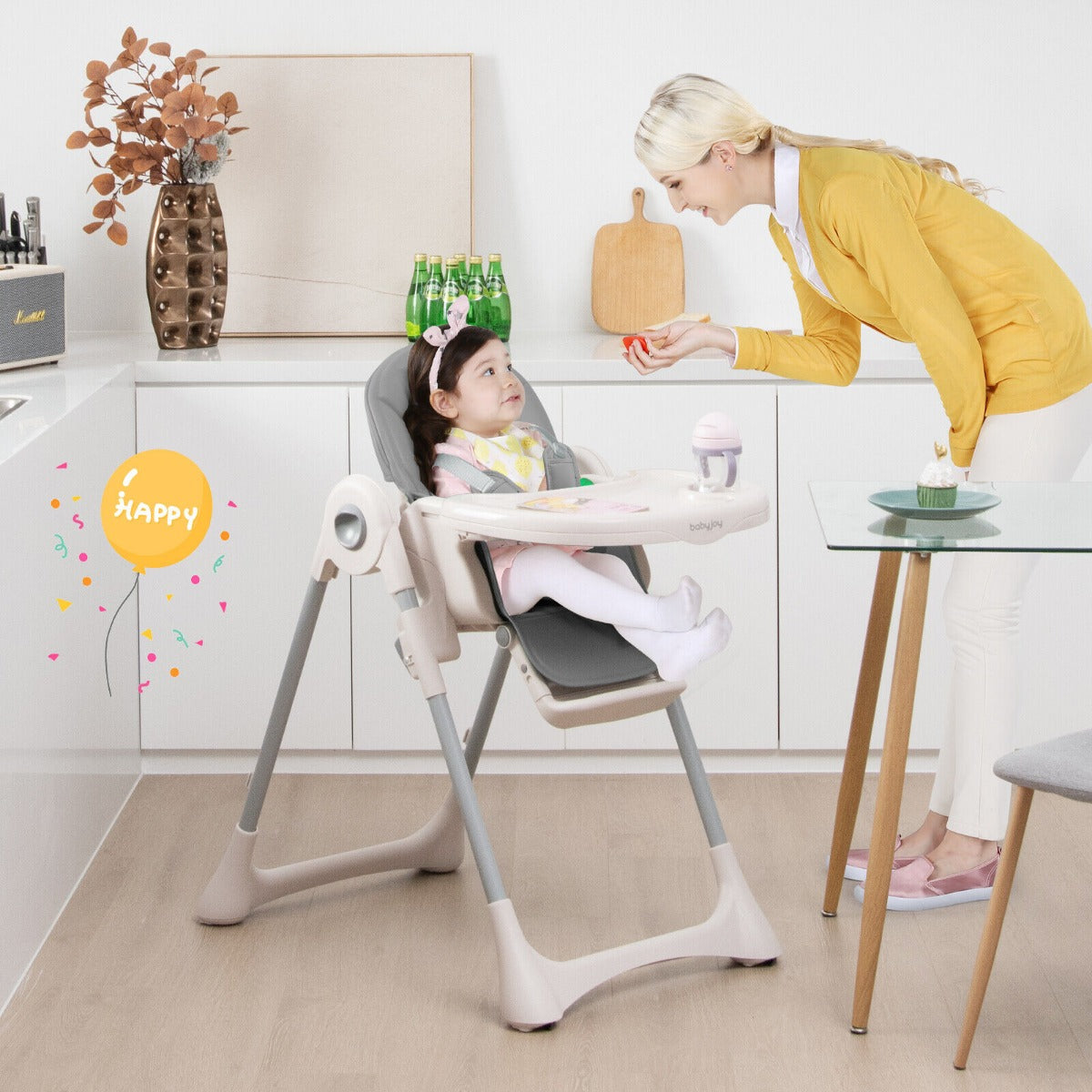 Foldable Convertible Baby High Chair with Adjustable Height and Removable Tray