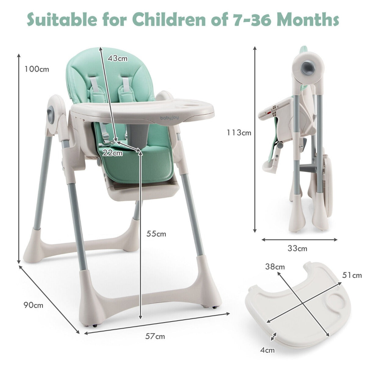 Foldable Convertible Baby High Chair with Adjustable Height and Removable Tray