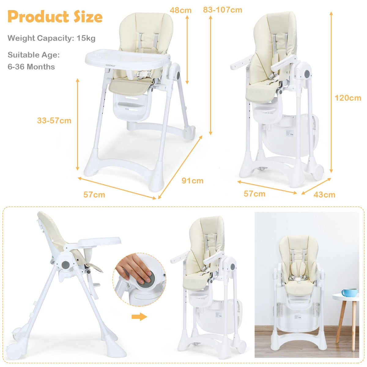 Height Adjustable Folding Highchair for Baby Toddler-Grey