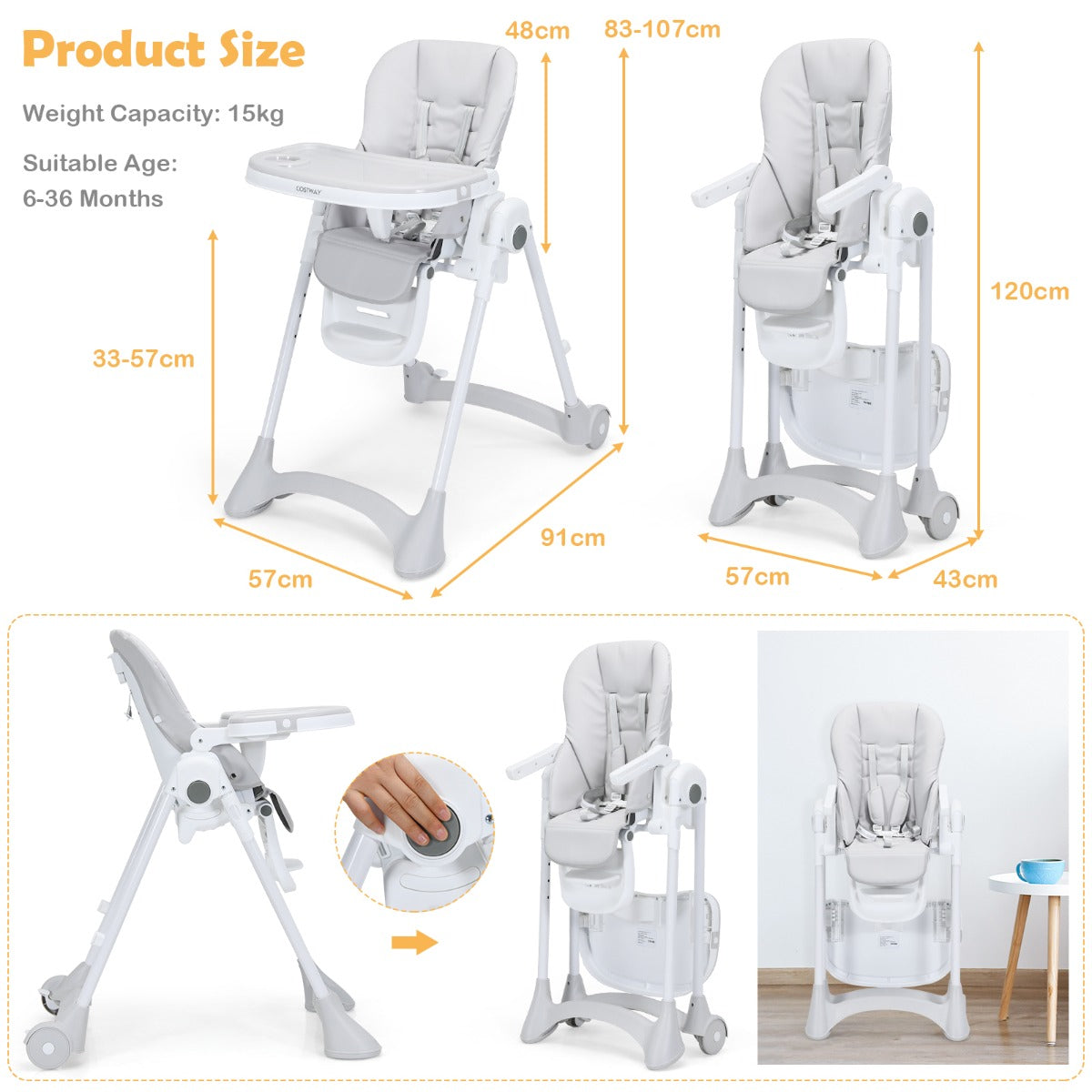 Height Adjustable Folding Highchair for Baby Toddler-Grey