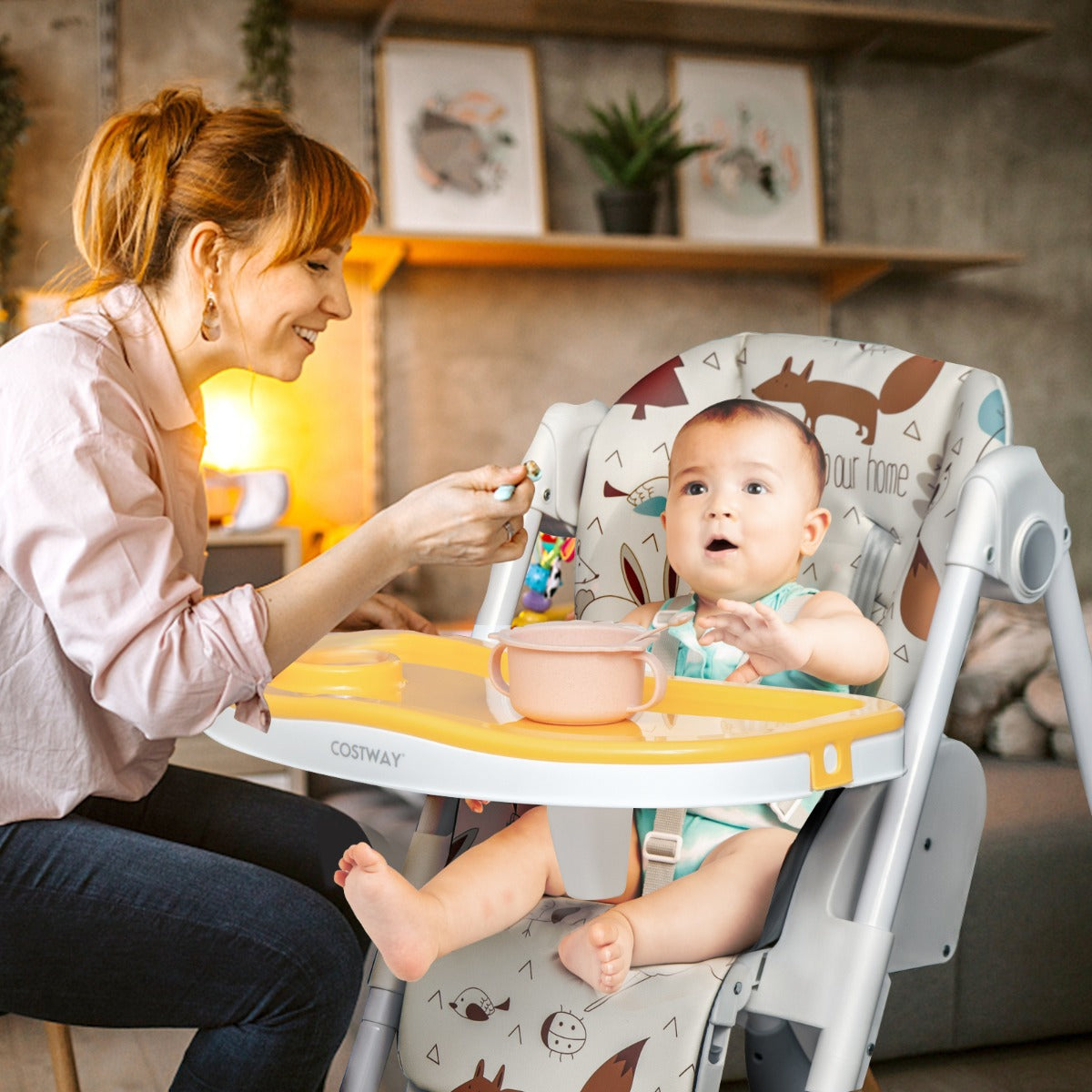 Adjustable Cartoon Patterned Baby High Chair with 3 Recline Positions