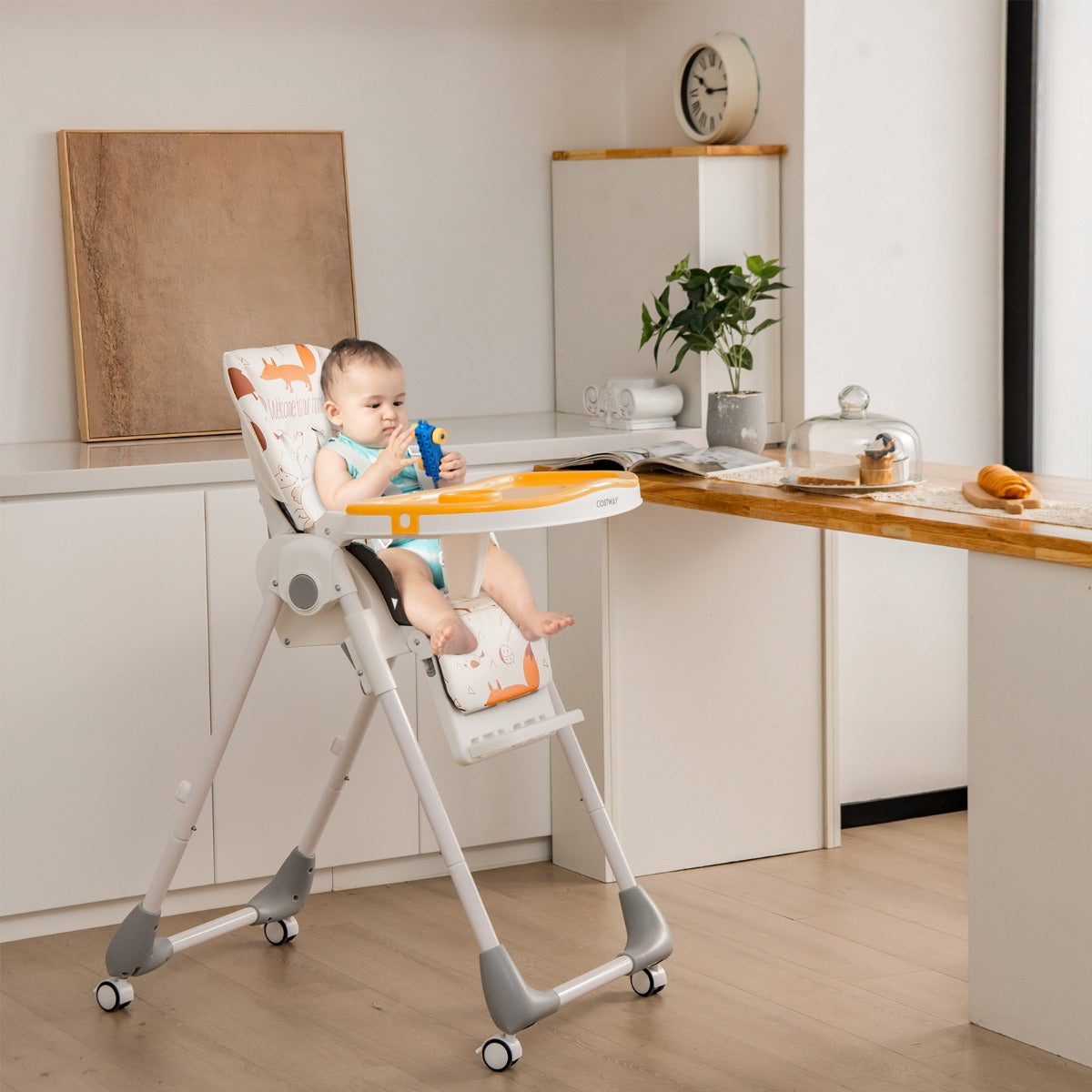 Adjustable Cartoon Patterned Baby High Chair with 3 Recline Positions