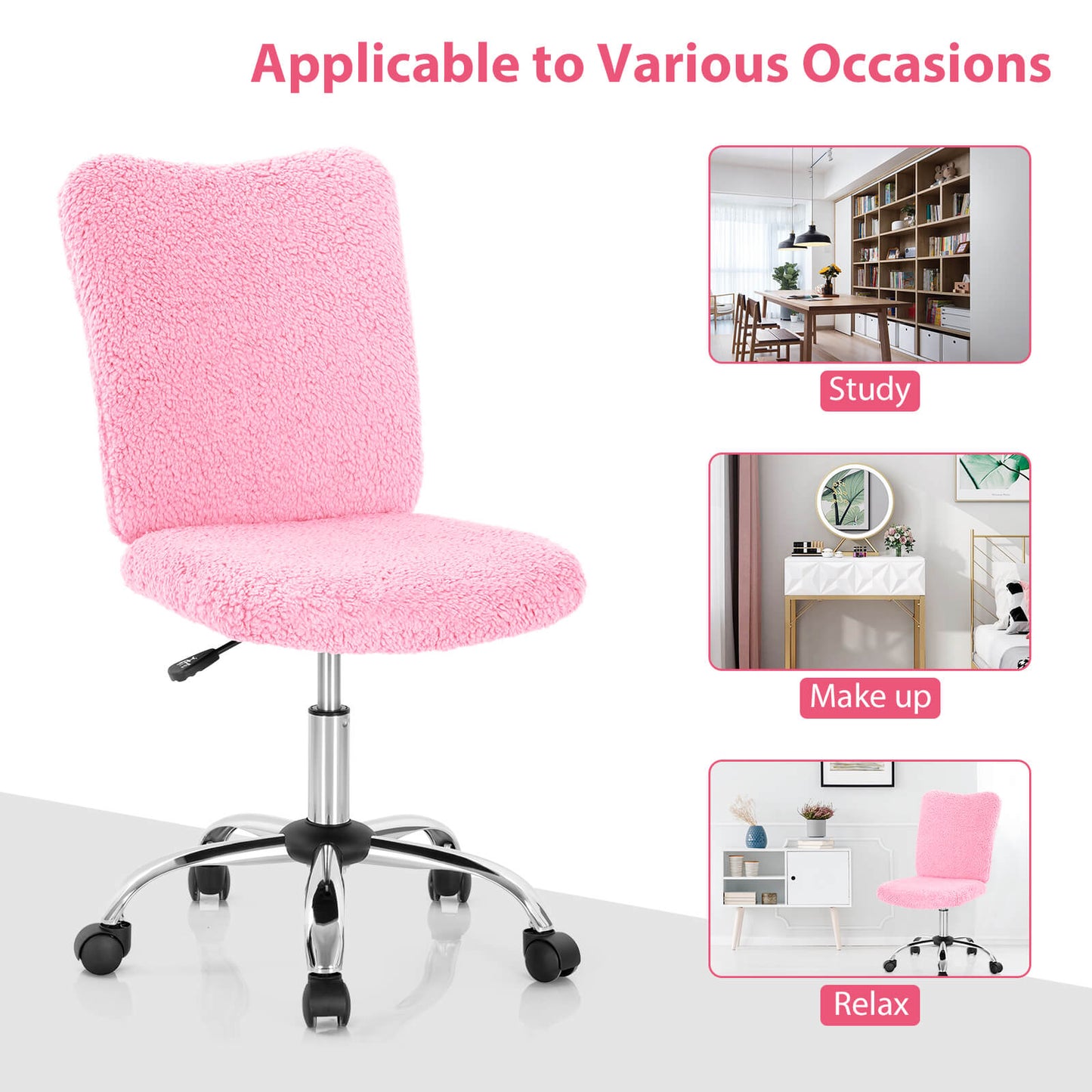 Adjustable Faux Fur Swivel Armless Office Chair with Chrome Base - Grey - ChairwayUKHome Office ChairCB10226GRAdjustable Faux Fur Swivel Armless Office Chair with Chrome Base - Pink - ChairwayUKHome Office ChairCB10226PKFaux Fur Armless Chair - Armless Office Chair | Chairway