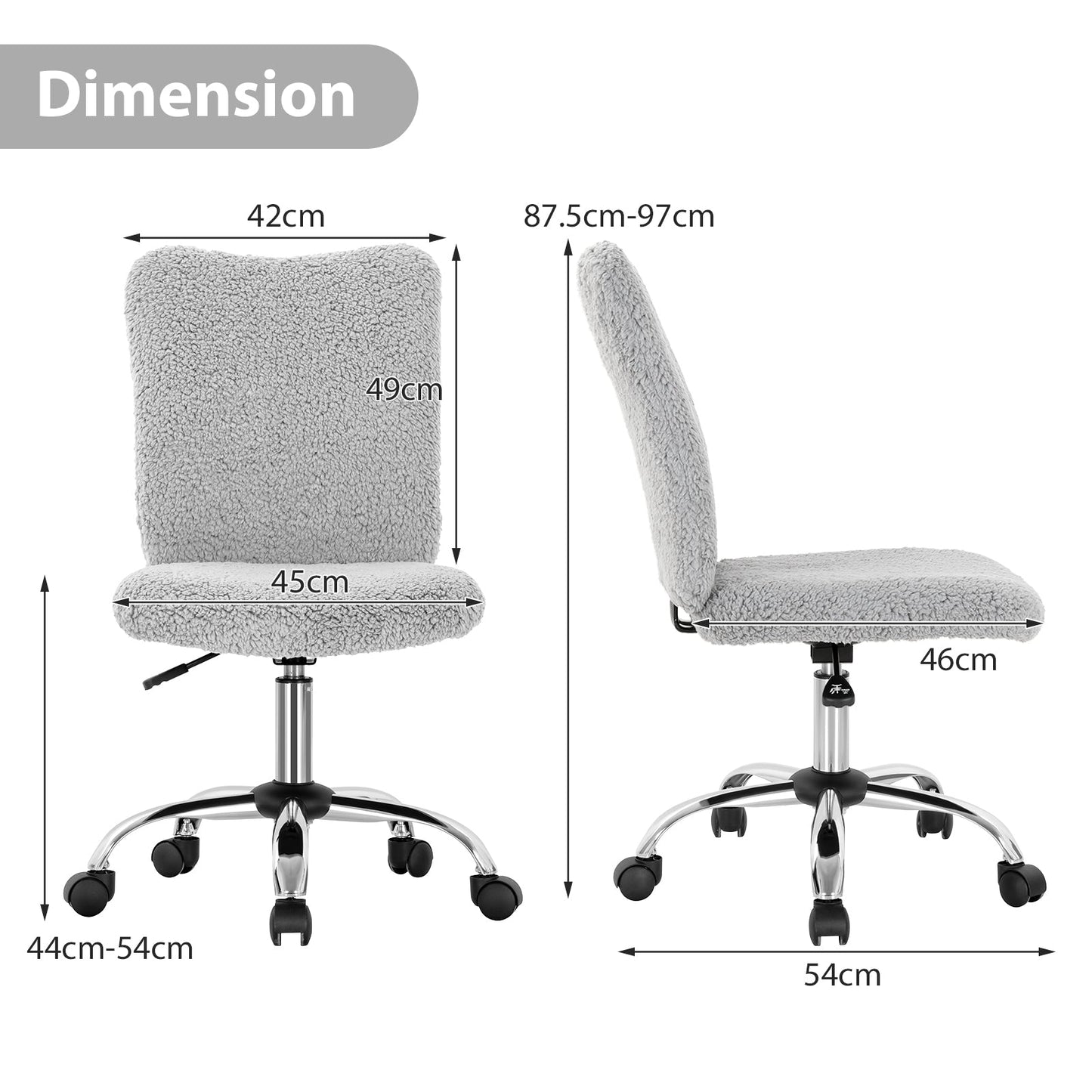 Adjustable Faux Fur Swivel Armless Office Chair with Chrome Base - Grey - ChairwayUKHome Office ChairCB10226GROffice Chair in UK - Armless Office Chair | Chairway