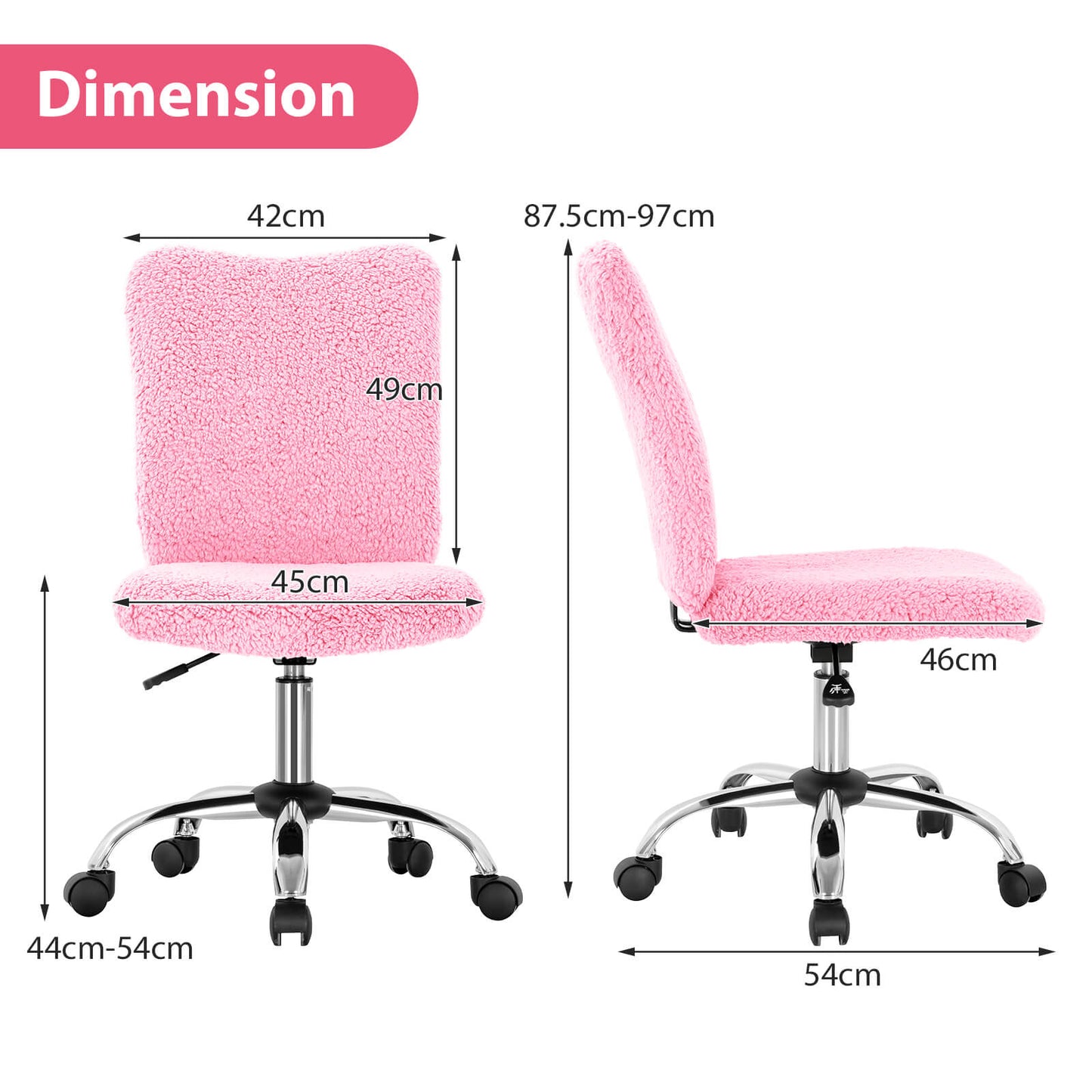 Adjustable Faux Fur Swivel Armless Office Chair with Chrome Base - Pink - ChairwayUKHome Office ChairCB10226PKFaux Fur Armless Chair - Armless Office Chair | Chairway