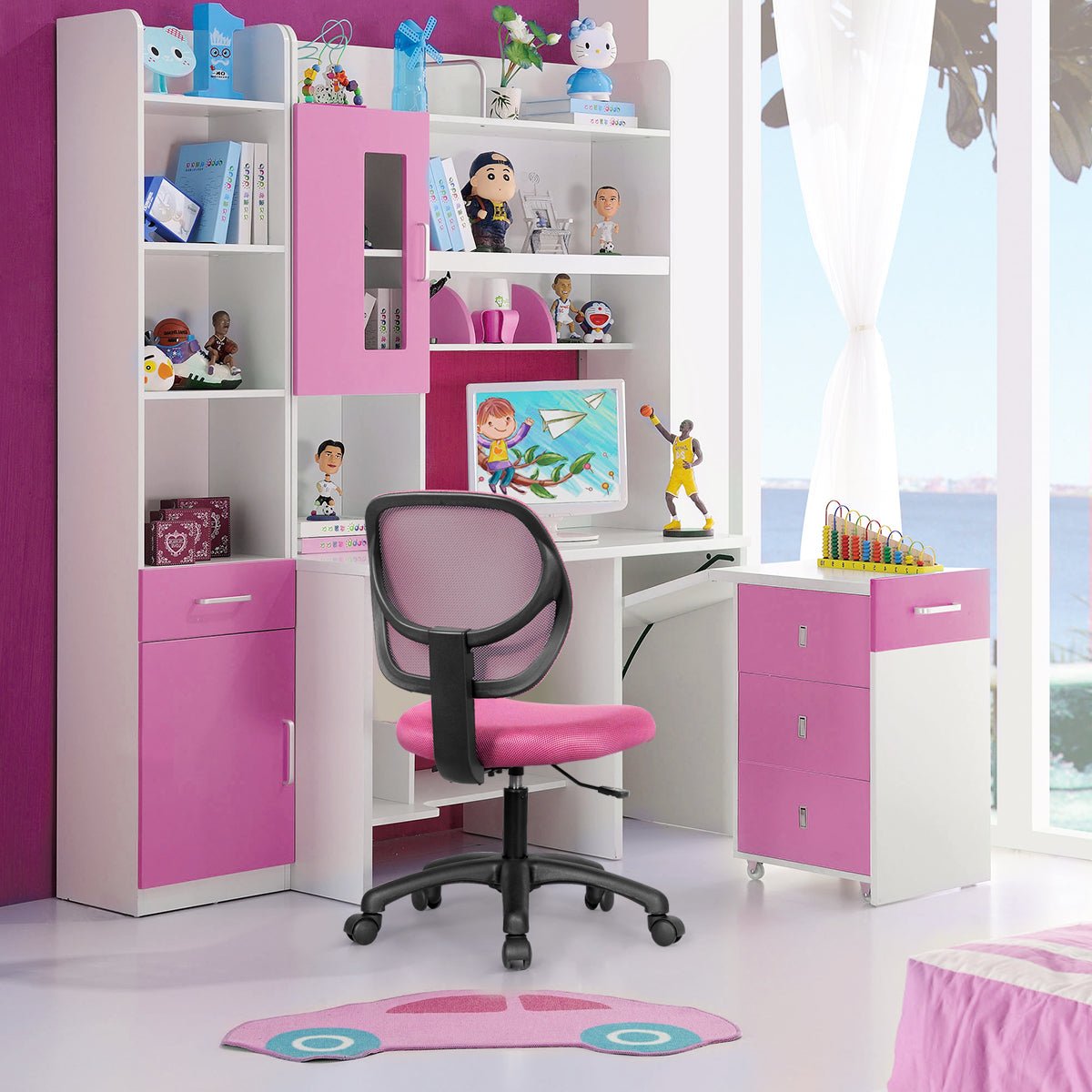 Adjustable Swivel Kids Office Chair with Lumbar Support - Pink - ChairwayUKHome Office ChairHW63008PIPink Office Chair UK