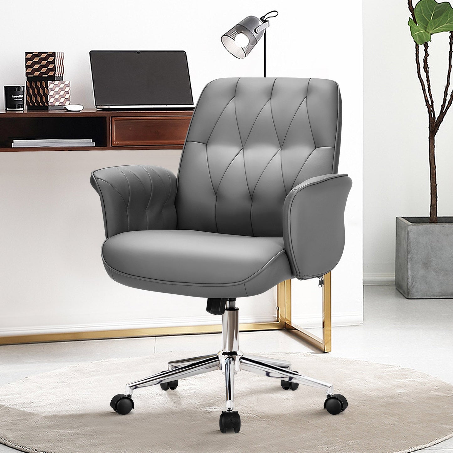 Adjustable Swivel PU Leather Office Chair with Rocking Function - Grey - ChairwayUKHome Office ChairHW67368GRPU Leather Office Chair