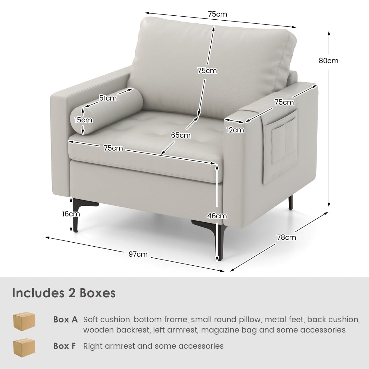 Armchair Single Sofa with Comfy Cushion and 3 Pockets for Living Room-Grey Pillow side pocket Dimensions